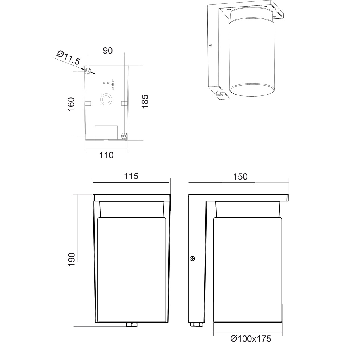 LED Gartenbeleuchtung - Außenleuchte - Trion Dila - Wand - Matt Schwarz - E27 Fassung - Rund - Aluminium