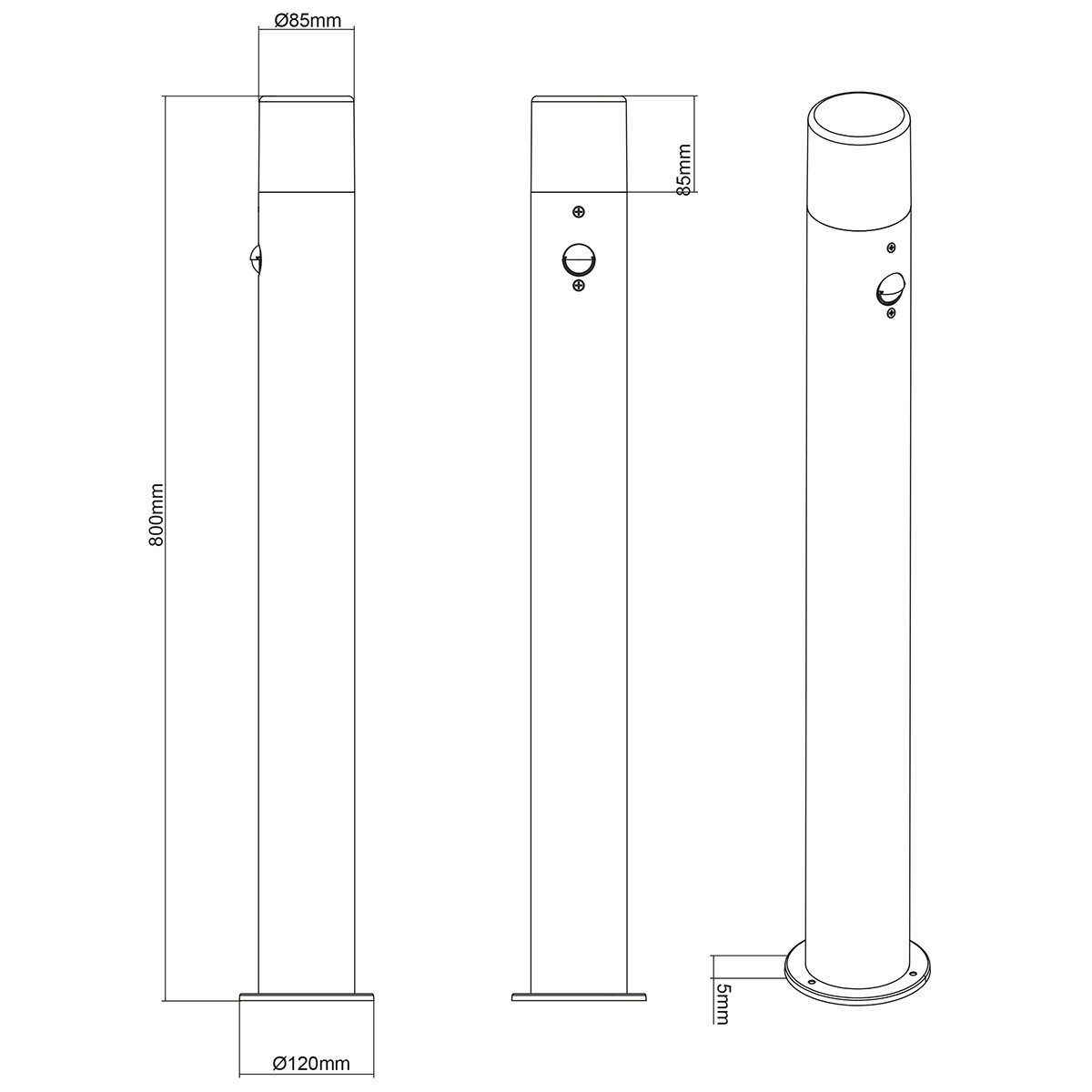 LED Pollerleuchte - Trion Hosina XL - Bewegungsmelder - E27 Sockel - Mattschwarz - Aluminium