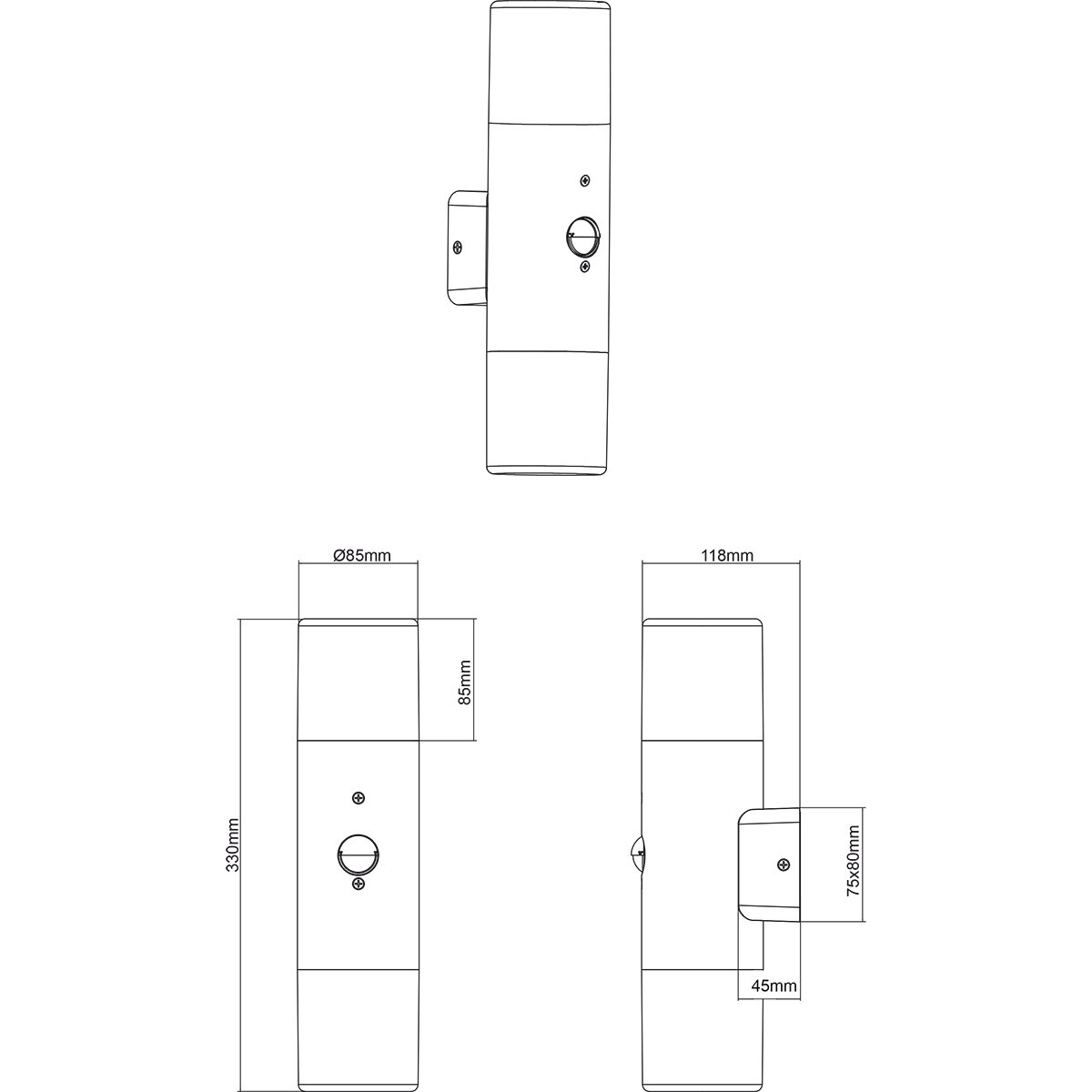 LED Gartenbeleuchtung - Außenleuchte - Trion Sicho Up and Down - E27 Fassung - Bewegungssensor - Matt Schwarz - Aluminium