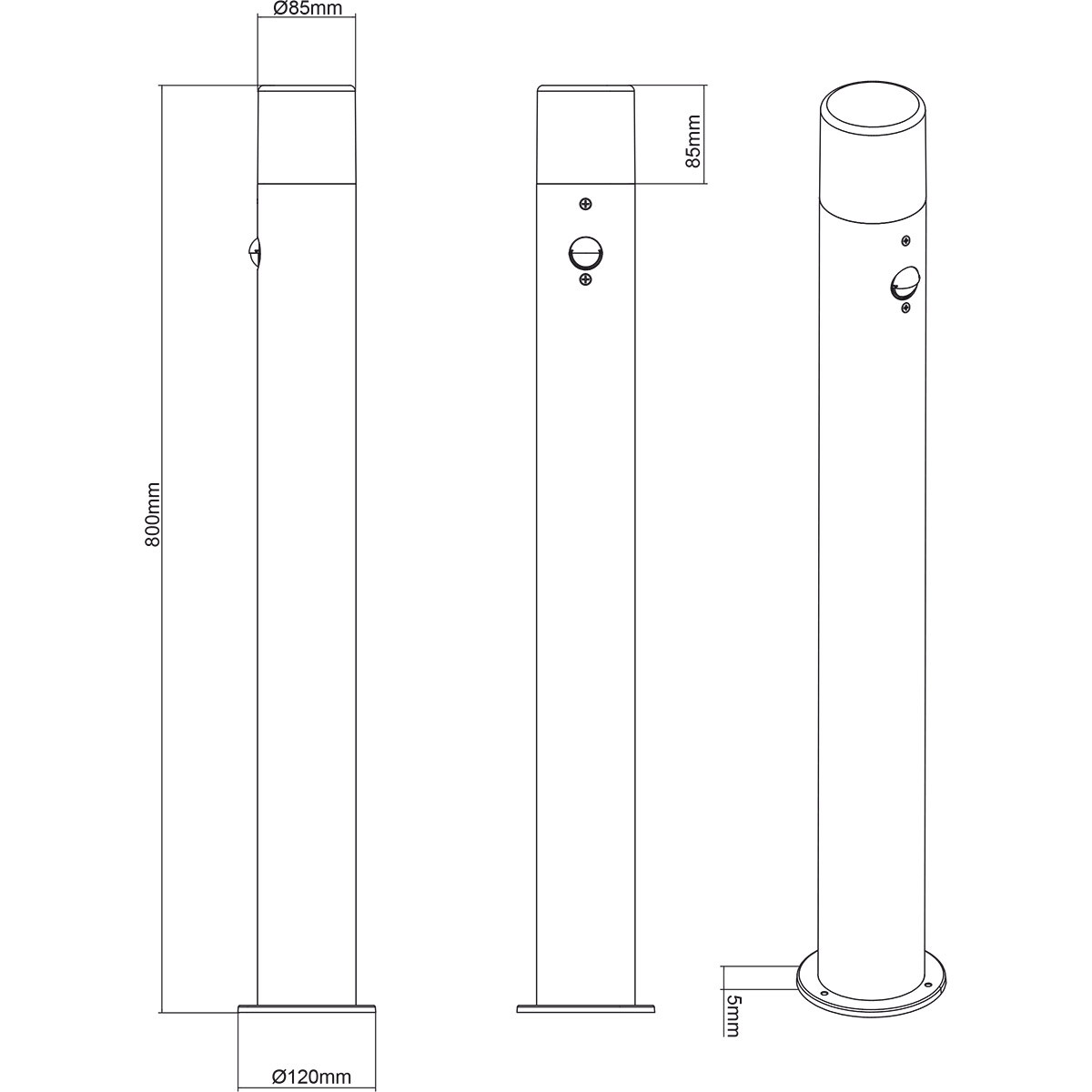 LED Gartenbeleuchtung - Stehleuchte Außenleuchte - Trion Sicho XL - E27 Fassung - Bewegungssensor - Rund - Matt Schwarz - Aluminium