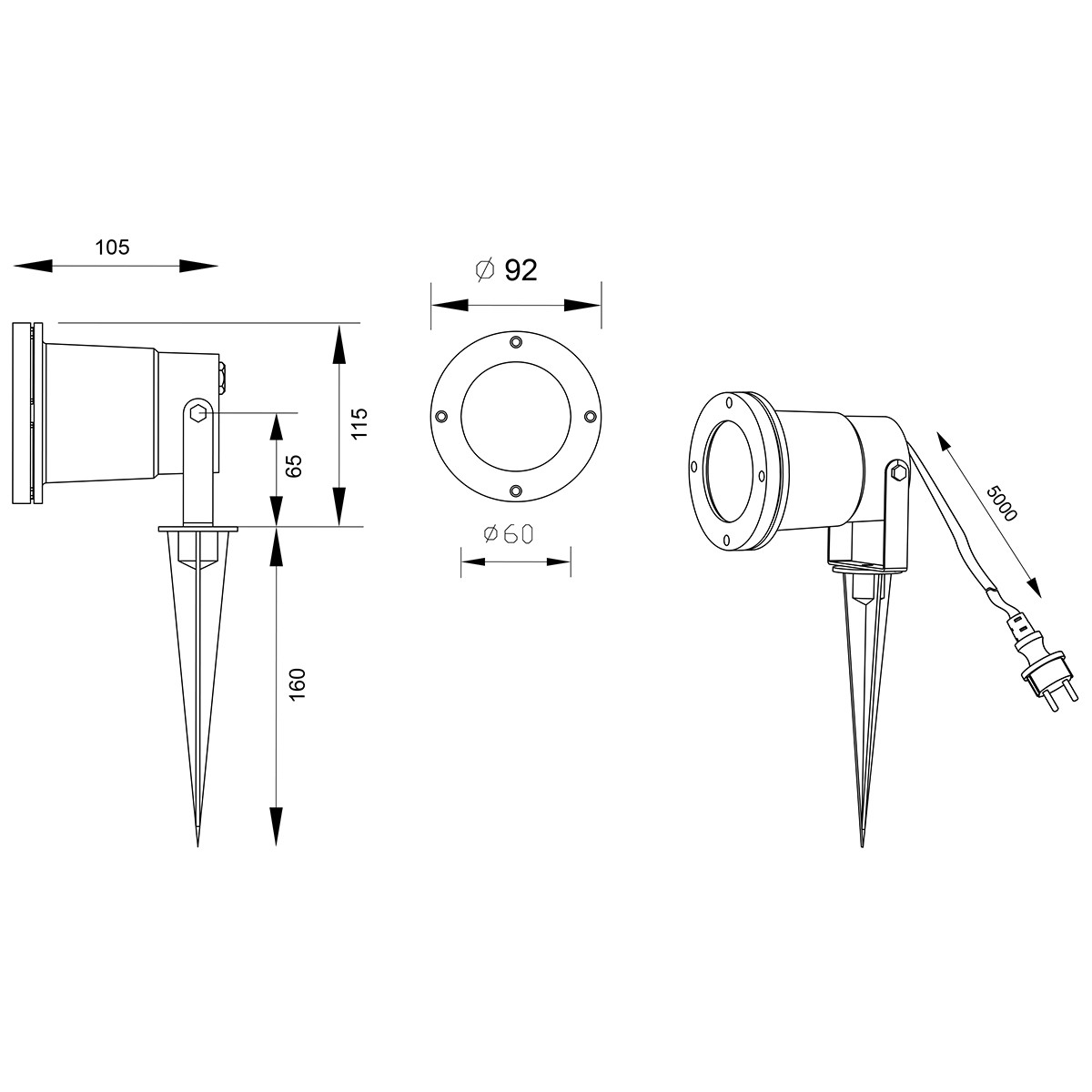 Erdspießspot mit Stecker - Trion Ubani - GU10 Sockel - Mattschwarz - Aluminium