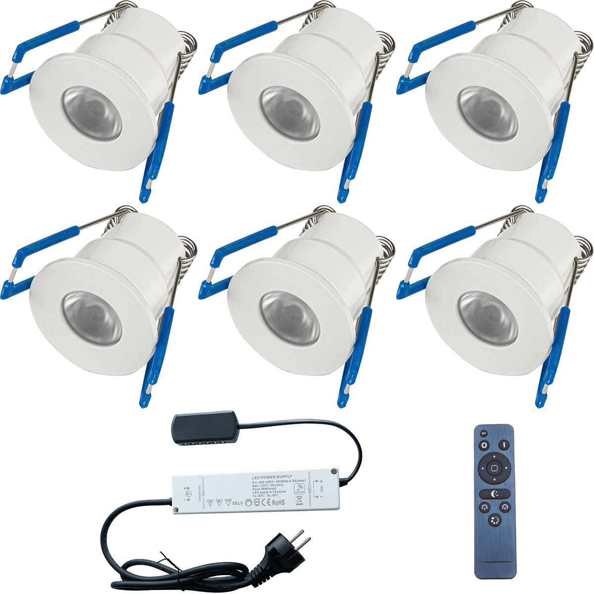 LED Veranda Spot Komplett-Set - 6 Stück - 3W - Neutralweiß 4000K - Dimmbar - Wasserdicht IP65 - Einbau - Rund - Matt Weiß - Aluminium - 12V