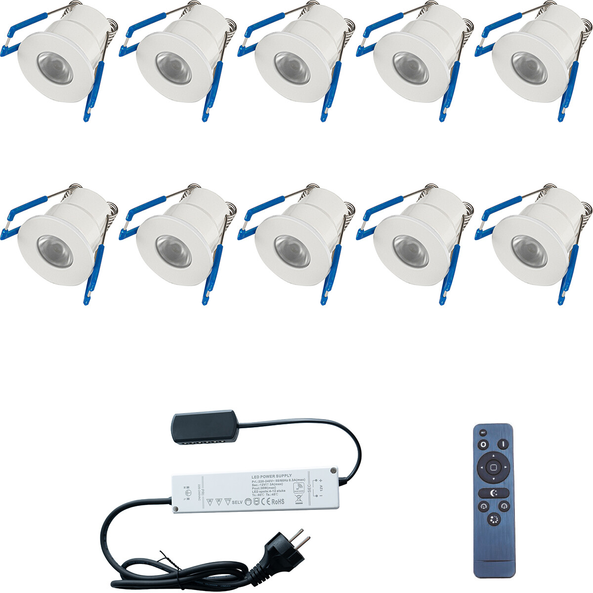 LED Veranda Spot Komplett-Set - 10 Stück - 3W - Neutralweiß 4000K - Dimmbar - Wasserdicht IP65 - Einbau - Rund - Matt Weiß - Aluminium - 12V