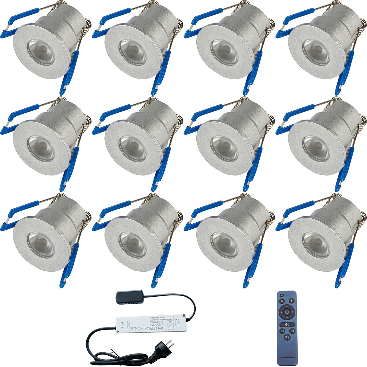 LED Veranda Spot Komplett-Set - 12 Stück - 3W - Natürliches Weiß 4000K - Dimmbar - Wasserdicht IP65 - Einbau - Rund - Matt Silber - Aluminium - 12V