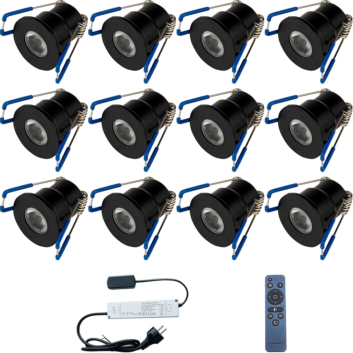 LED Veranda Spot Komplett-Set - 12 Stück - 3W - Naturweiß 4000K - Dimmbar - Wasserdicht IP65 - Einbau - Rund - Mattschwarz - Aluminium - 12V