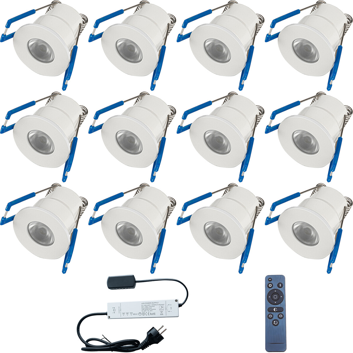 LED Veranda Spot Komplett-Set - 12 Stück - 3W - Warmweiß 3000K - Dimmbar - Wasserdicht IP65 - Einbau - Rund - Mattweiß - Aluminium - 12V