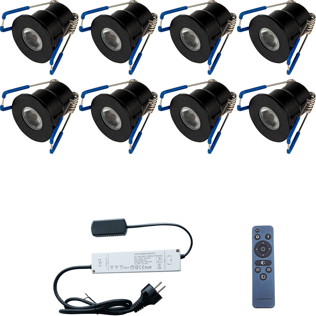 LED Veranda Spot Komplett-Set - 8 Stück - 3W - Naturweiß 4000K - Dimmbar - Wasserdicht IP65 - Einbau - Rund - Mattschwarz - Aluminium - 12V