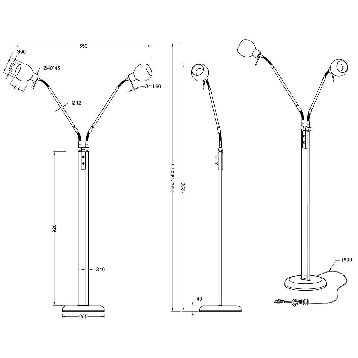 LED Stehleuchte - Trion Besina - E14 Sockel - 2-flammig - Flexarm - Rund - Matt Nickel - Aluminium