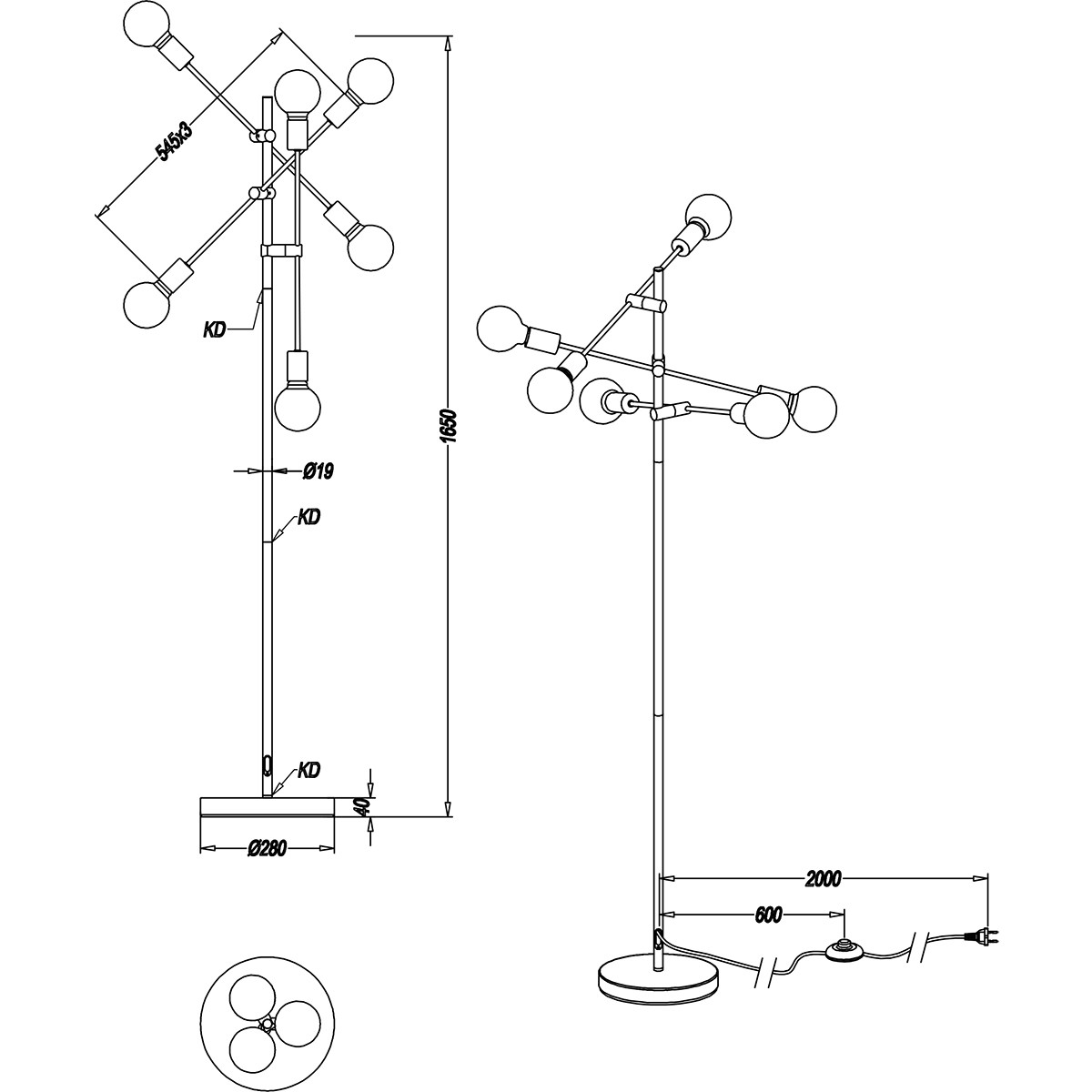 LED Stehleuchte - Trion Ross - E27 Sockel - 6-flammig - Verstellbar - Rund - Mattschwarz - Aluminium