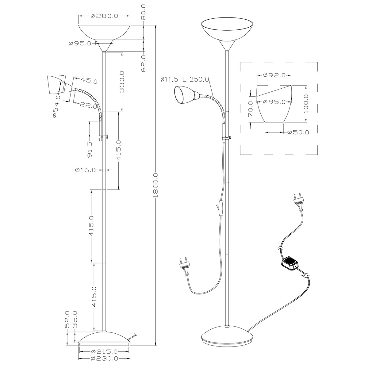 LED Stehleuchte - Trion Erza - E27 Sockel - Rund - Matt Titan - Aluminium