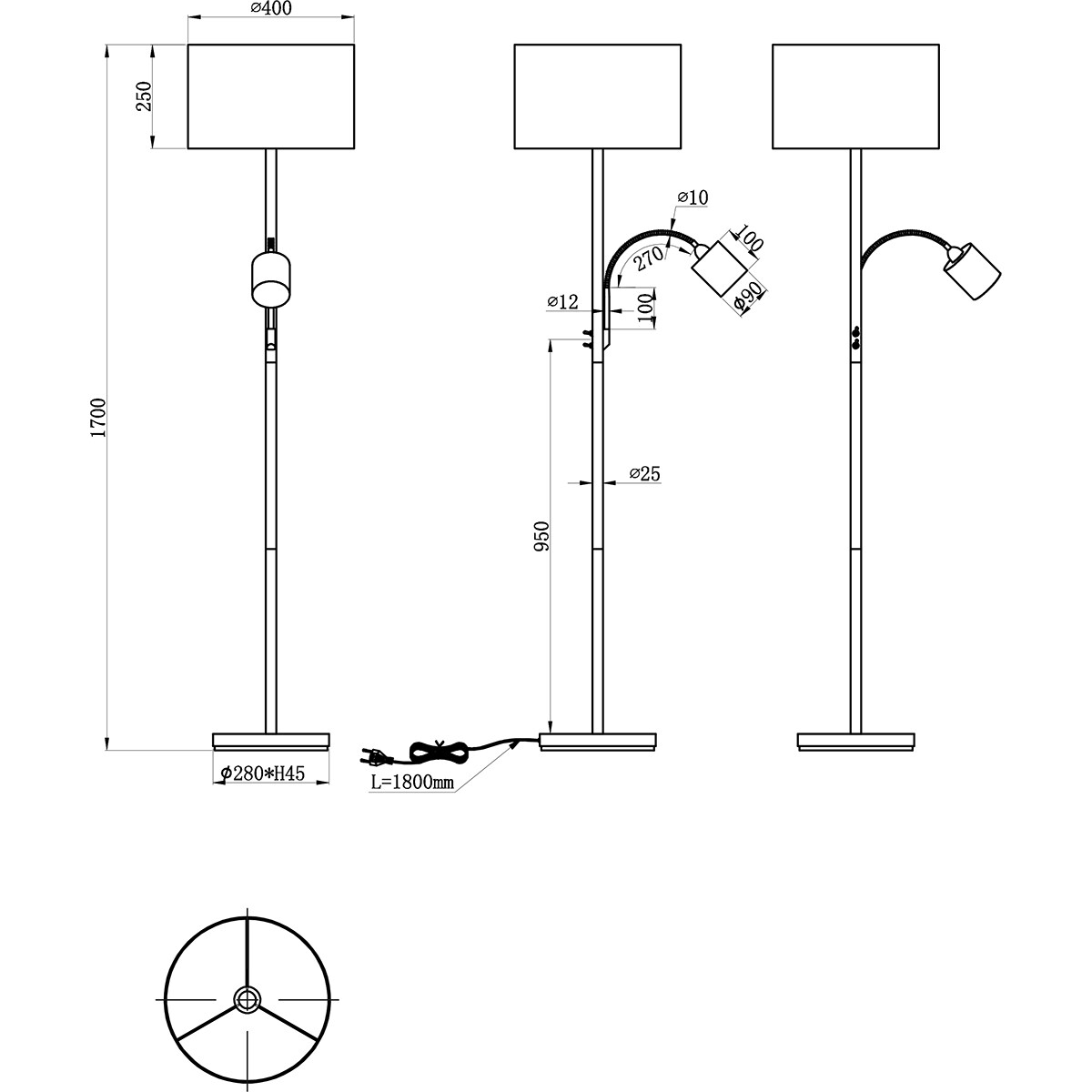 LED Stehlampe - Trion Hotia - E27 Fassung - Rund - Matt Creme - Aluminium