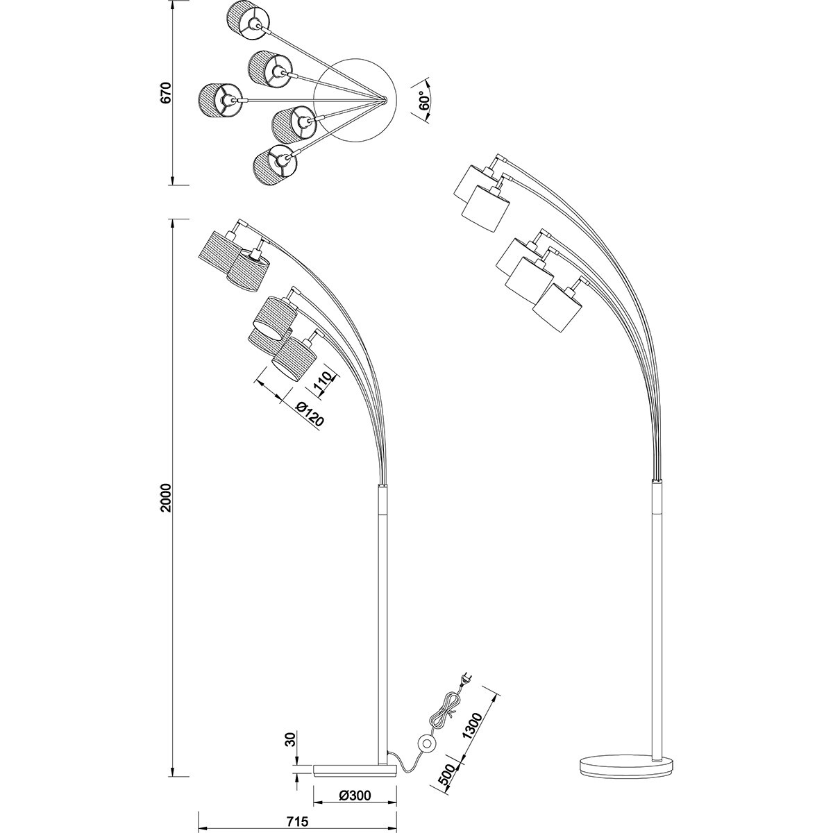 LED Stehlampe - Trion Lazo - E14 Fassung - 5-Licht - Rund - Matt Schwarz - Metall