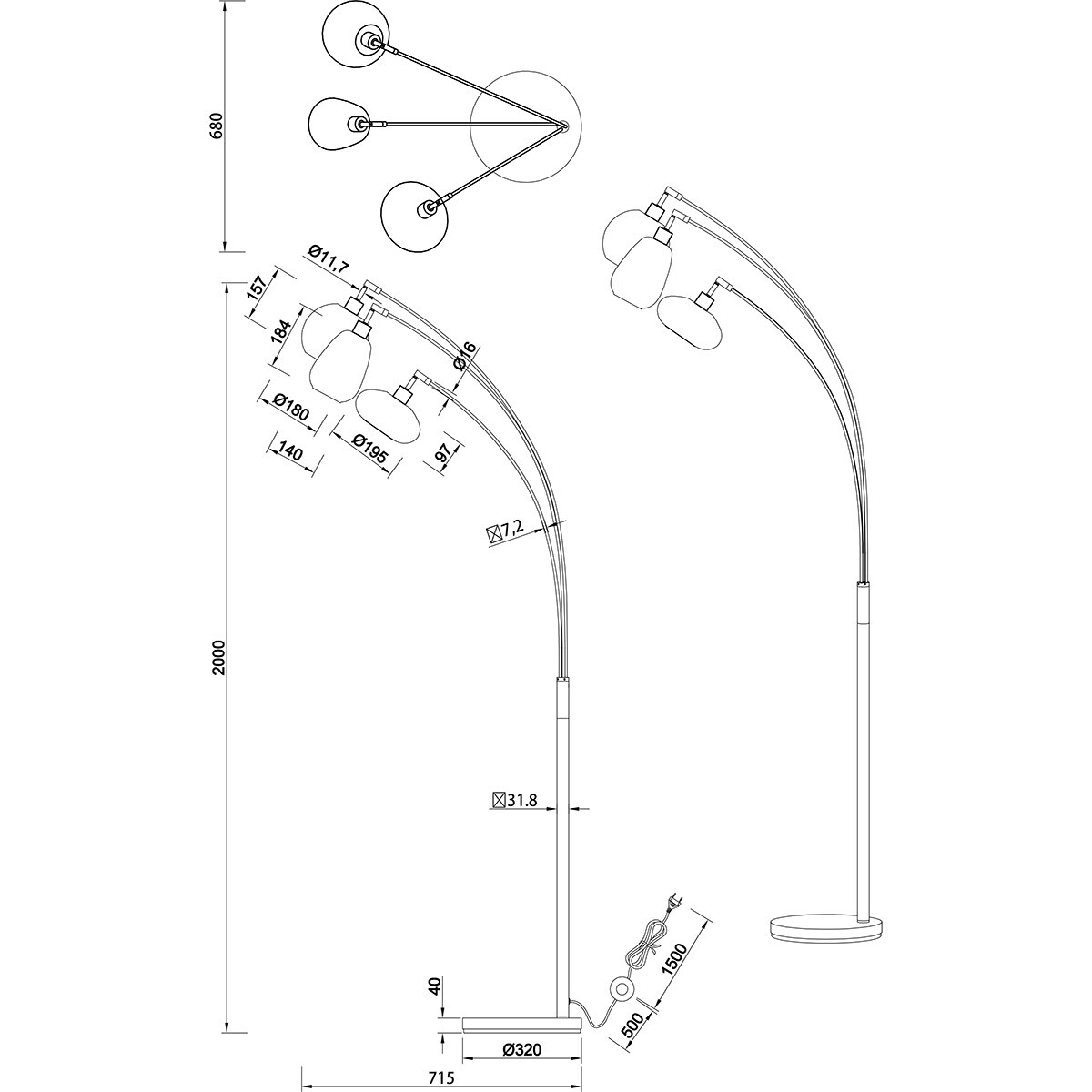 LED Stehlampe - Trion Lidia - E14 Fassung - 3-Licht - Rund - Glas - Matt Schwarz - Metall