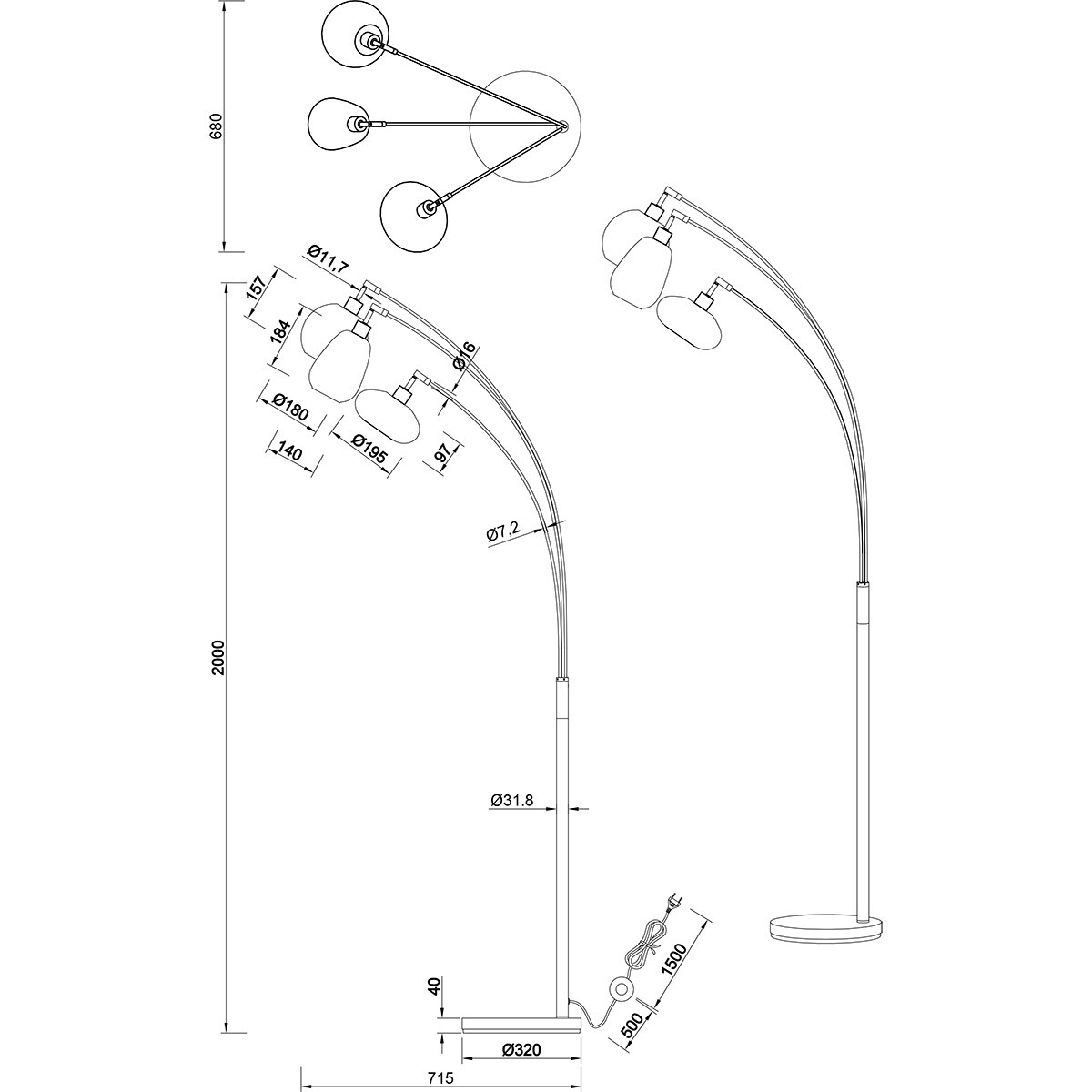 LED-Stehleuchte - Trion Lina - E14-Fassung - 3-flammig - Rund - Glas - Mattschwarz - Metall