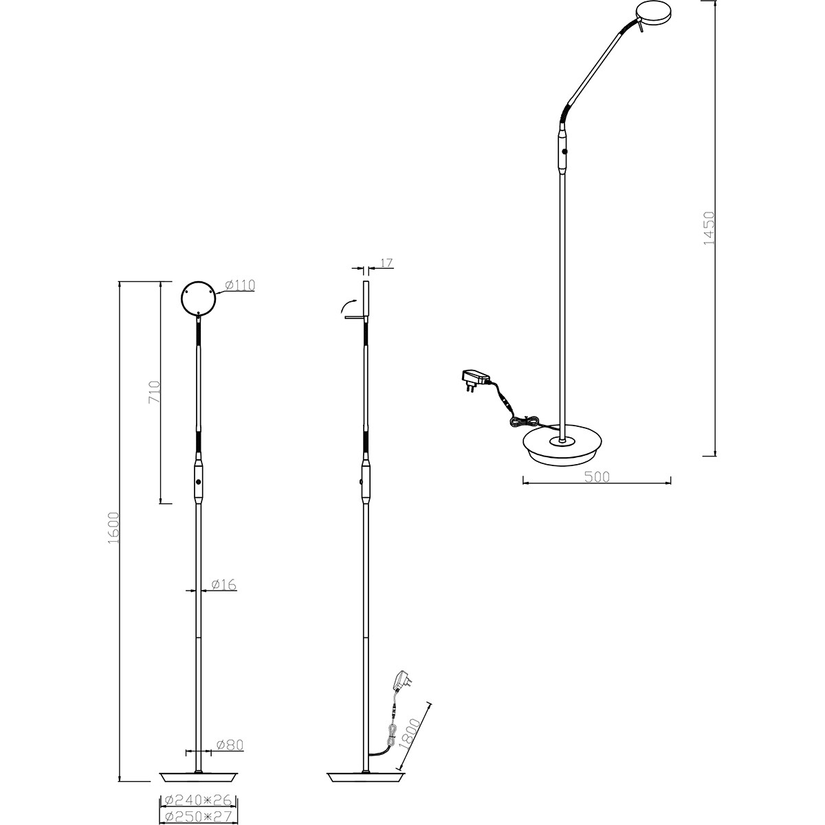 LED Stehlampe - Trion Monzino - 12W - Anpassbare Lichtfarbe - Dimmbar - Rund - Matt Nickel - Aluminium