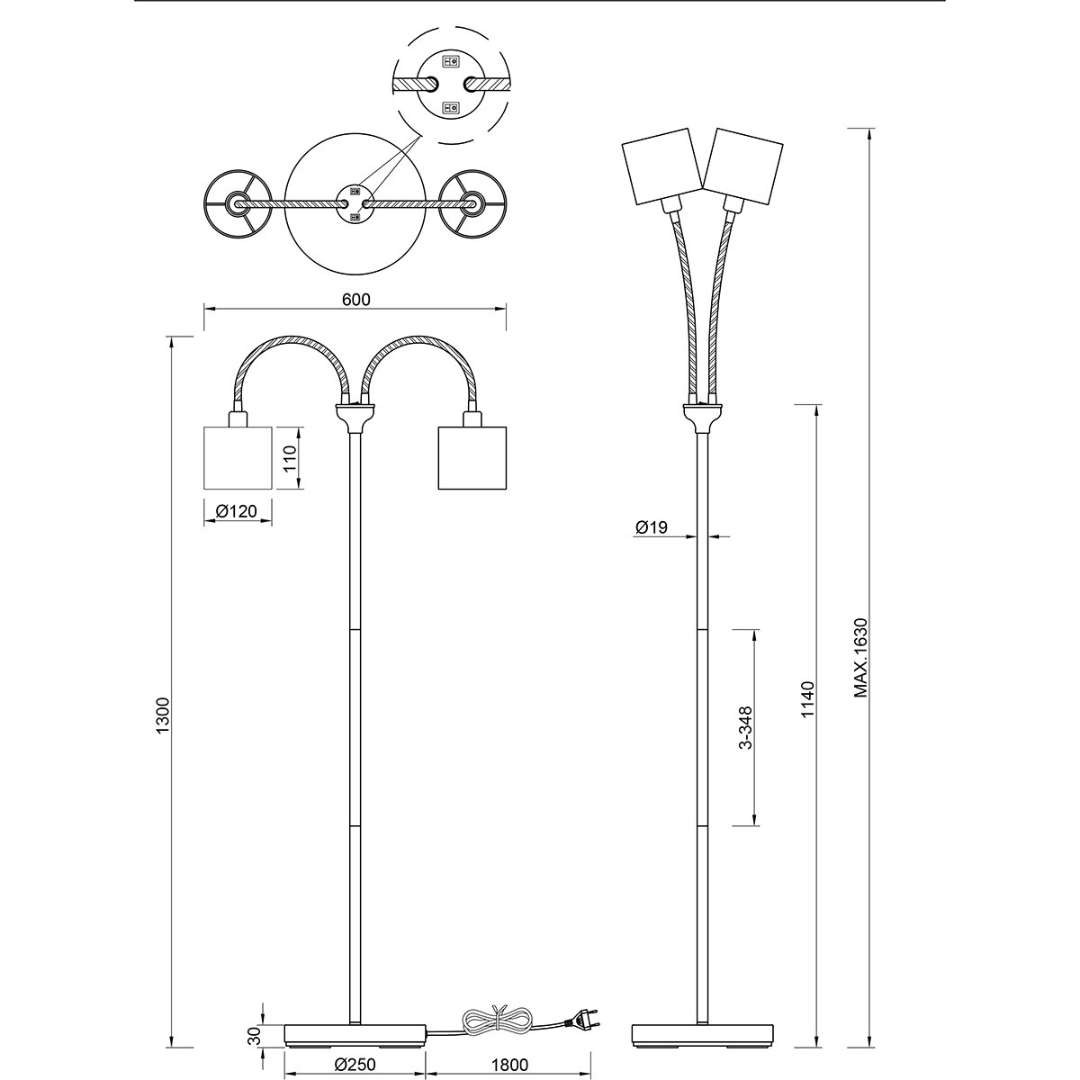 LED Stehlampe - Trion Moty - E14 Fassung - 2-Licht - Rund - Matt Schwarz - Metall