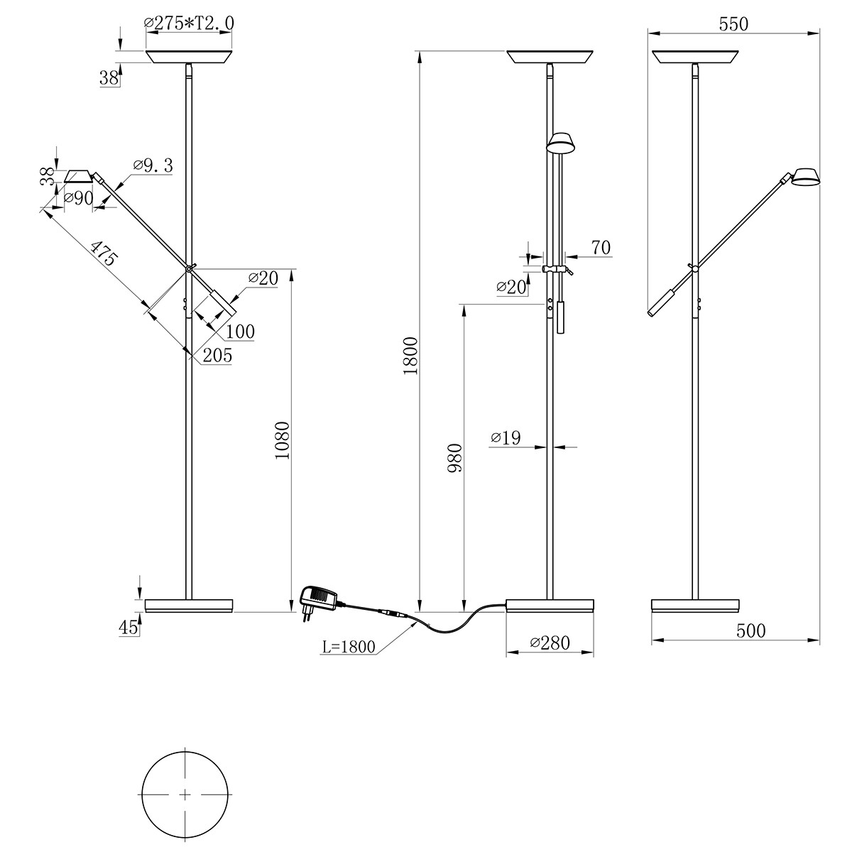 LED Stehleuchte - Trion Ohara - 20W - Warmweiß 3000K - Rund - Mattschwarz - Aluminium