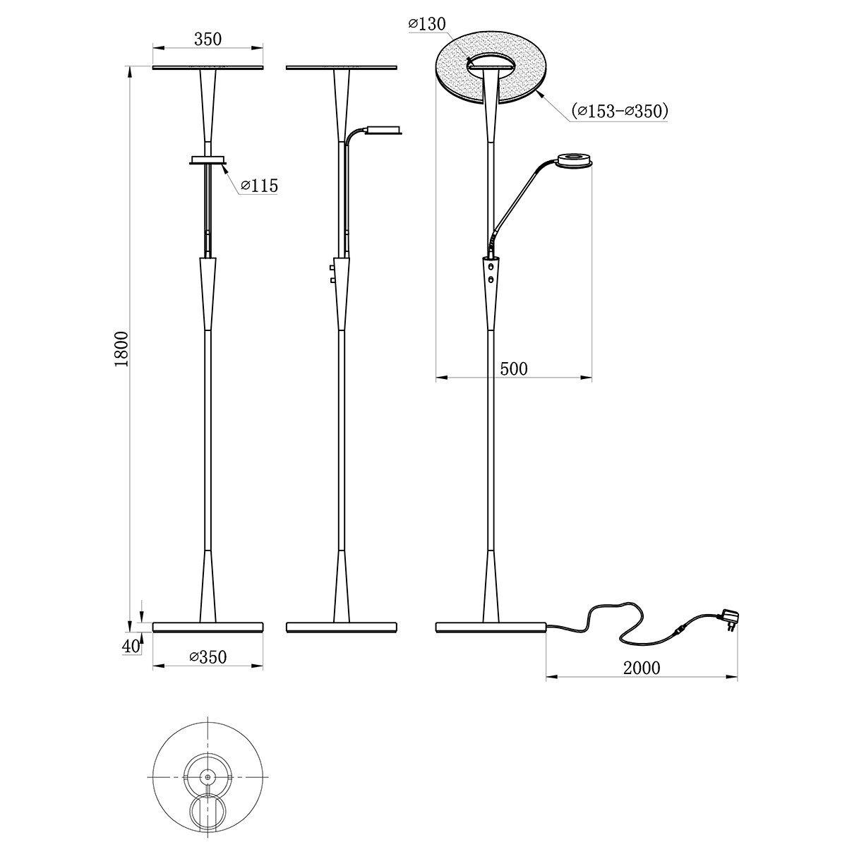 LED Stehleuchte - Trion Qubico - 34W + 5W - Anpassbare Lichtfarbe - 2-flammig - Dimmbar - Rund - Mattes Nickel - Aluminium