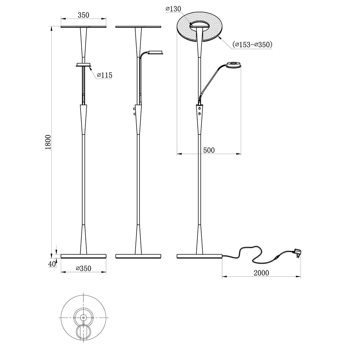 LED Stehleuchte - Trion Qubico - 34W + 5W - Einstellbare Farbtemperatur - 2-flammig - Dimmbar - Rund - Matt Nickel - Aluminium