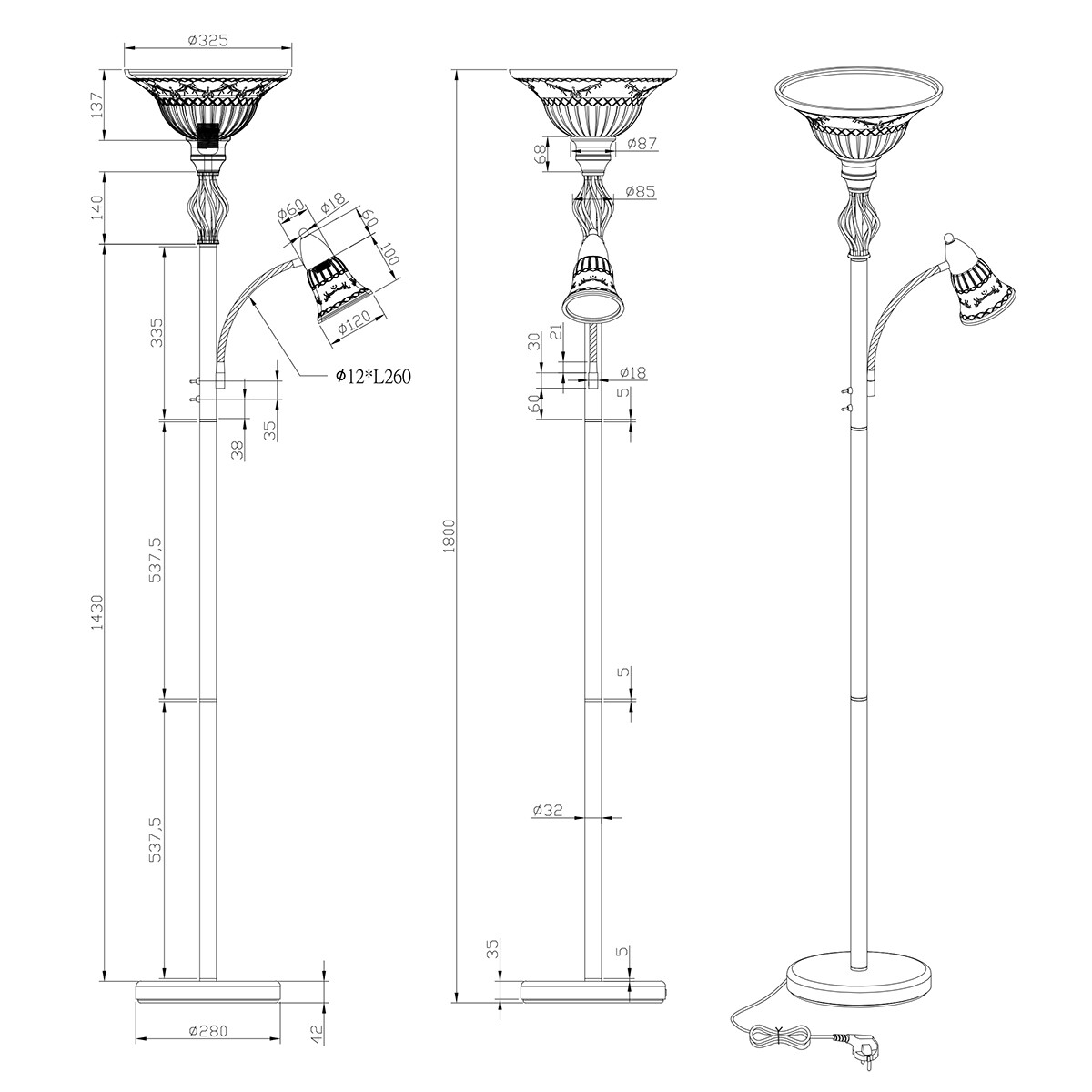 LED Stehleuchte - Trion Rustina - E27 Sockel - 2-flammig - Rund - Rostfarben - Aluminium