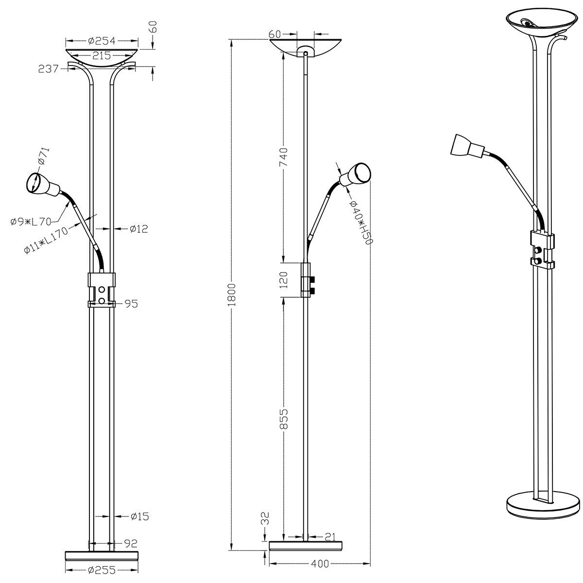 LED Stehleuchte - Trion Santoni - 20W - Warmweiß 3000K - 2-flammig - Dimmbar - Rund - Mattes Nickel - Aluminium