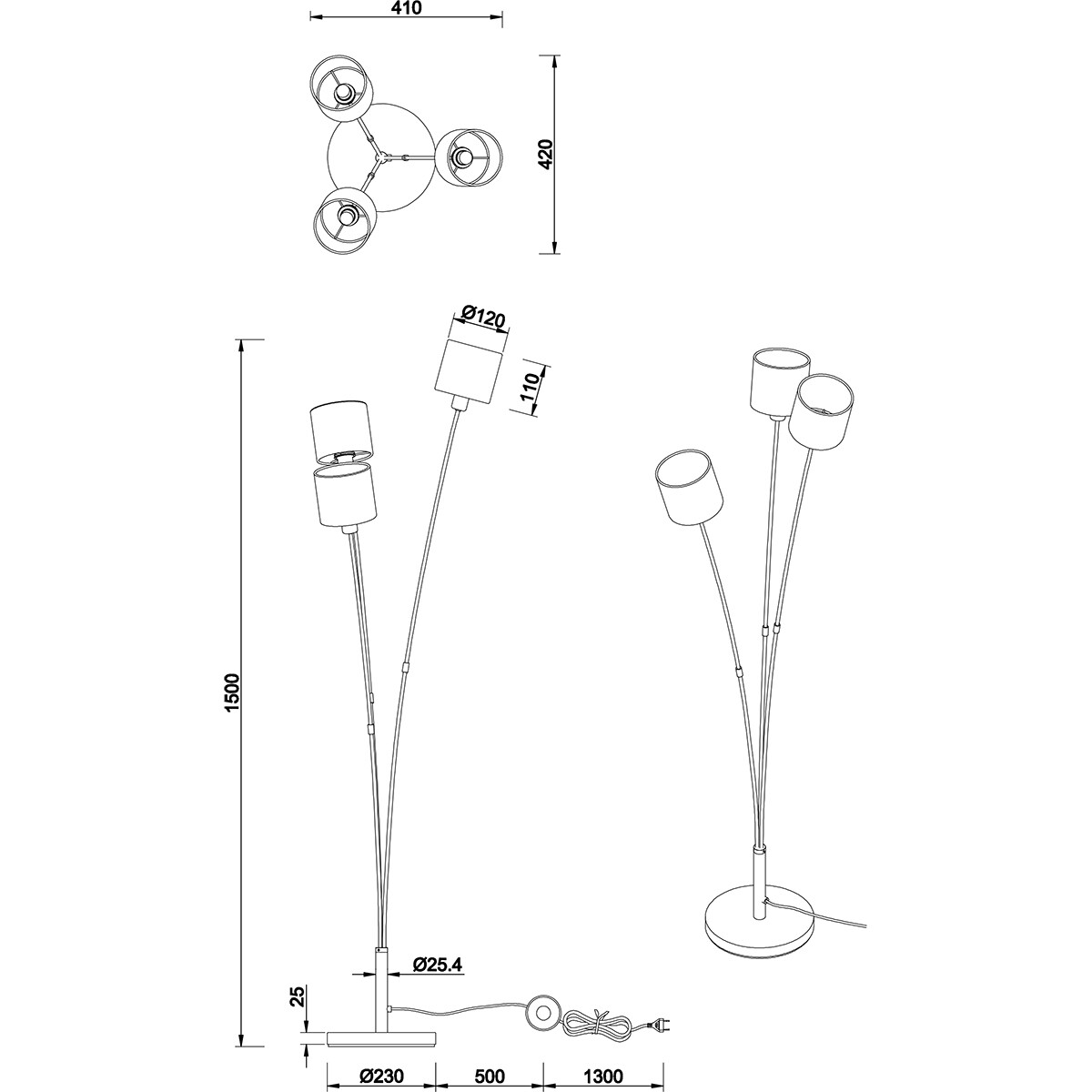 LED Stehlampe - Trion Torry - E14 Fassung - 3-flammig - Rund - Matt Schwarz/Gold - Aluminium - Max. 40W