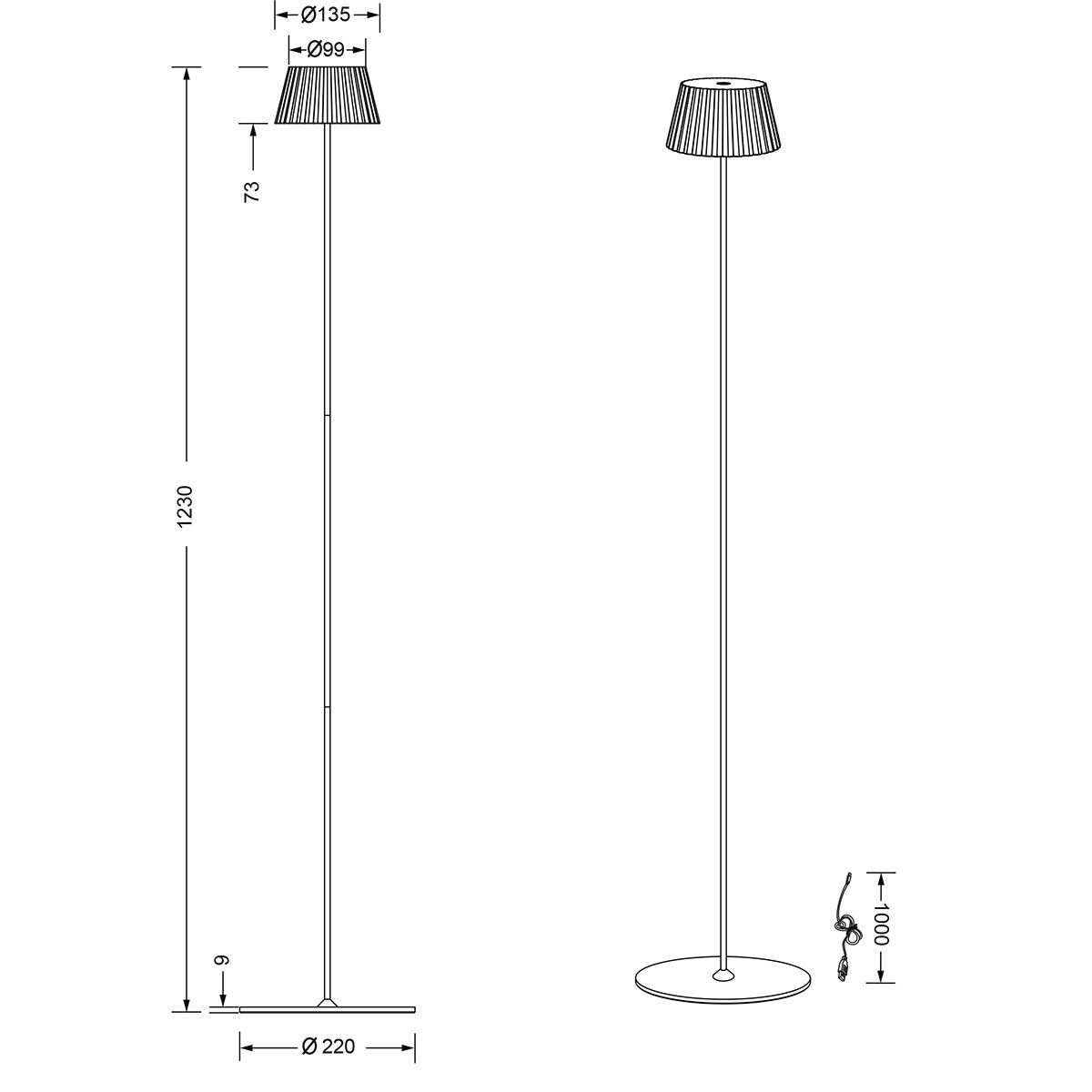 LED Stehleuchte - Trion Uraz - 1.5W - Warmweiß 3000K - Spritzwassergeschützt IP44 - USB Aufladbar - Rund - Matt Schwarz - Metall