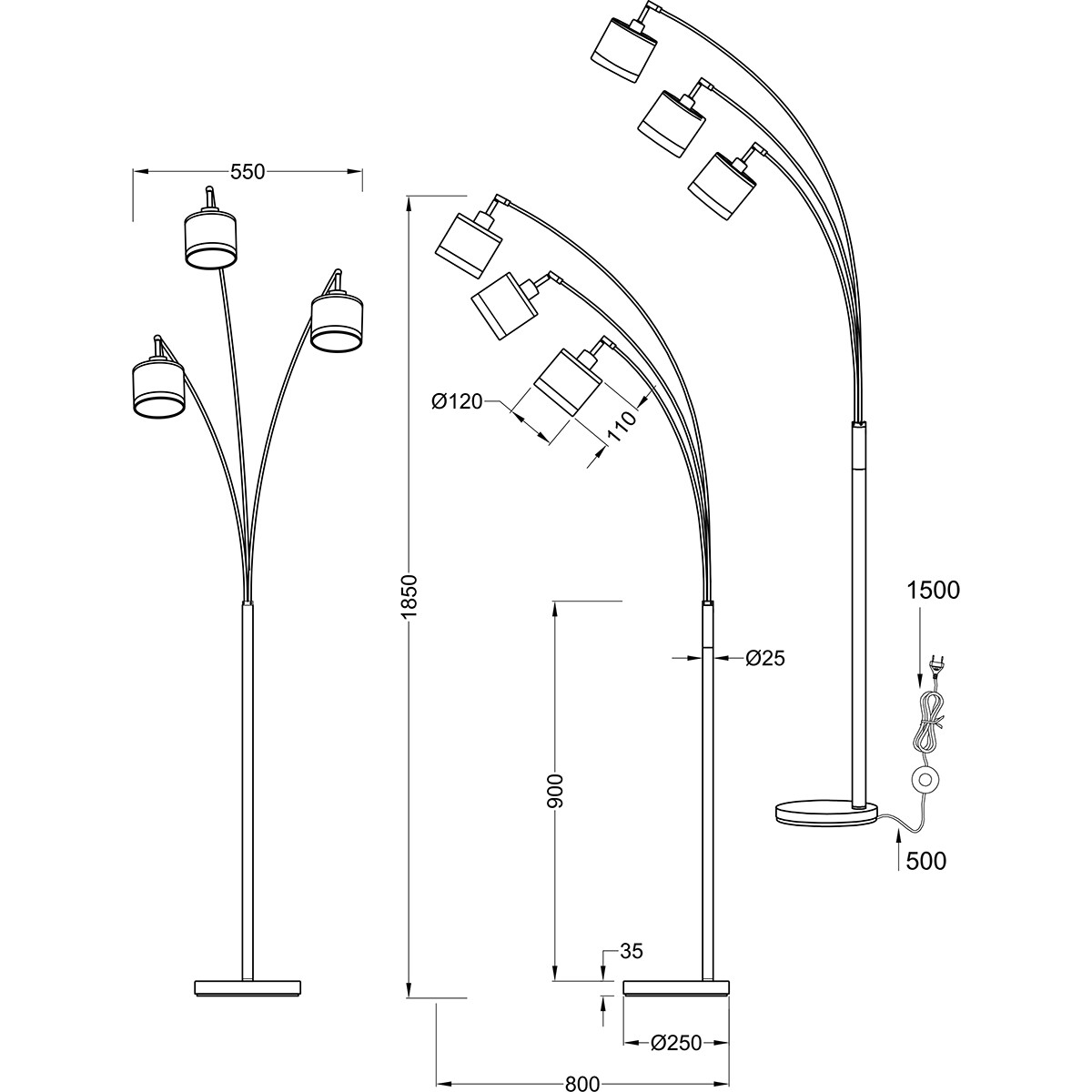 LED-Stehlampe - Trion Vamos - E14 Fassung - 3-Lichter - Rund - Chrom - Metall