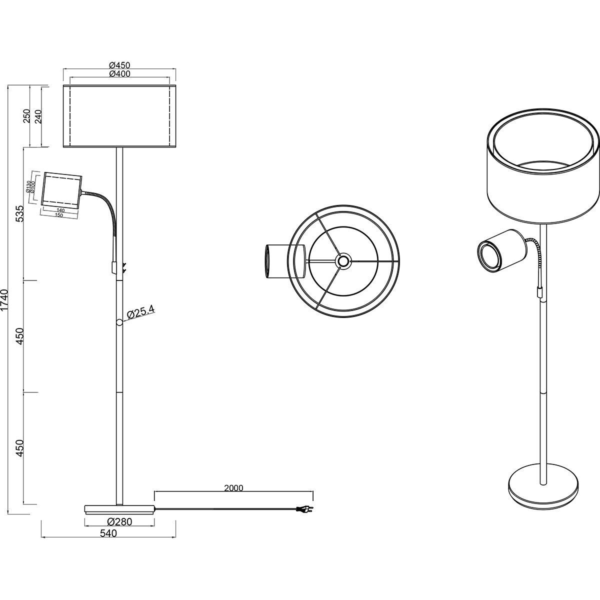 LED Stehlampe - Bodenbeleuchtung - Trion Bidon - E27 Fassung - 1-flammig - Rund - Matt Schwarz - Aluminium - Bis 60W