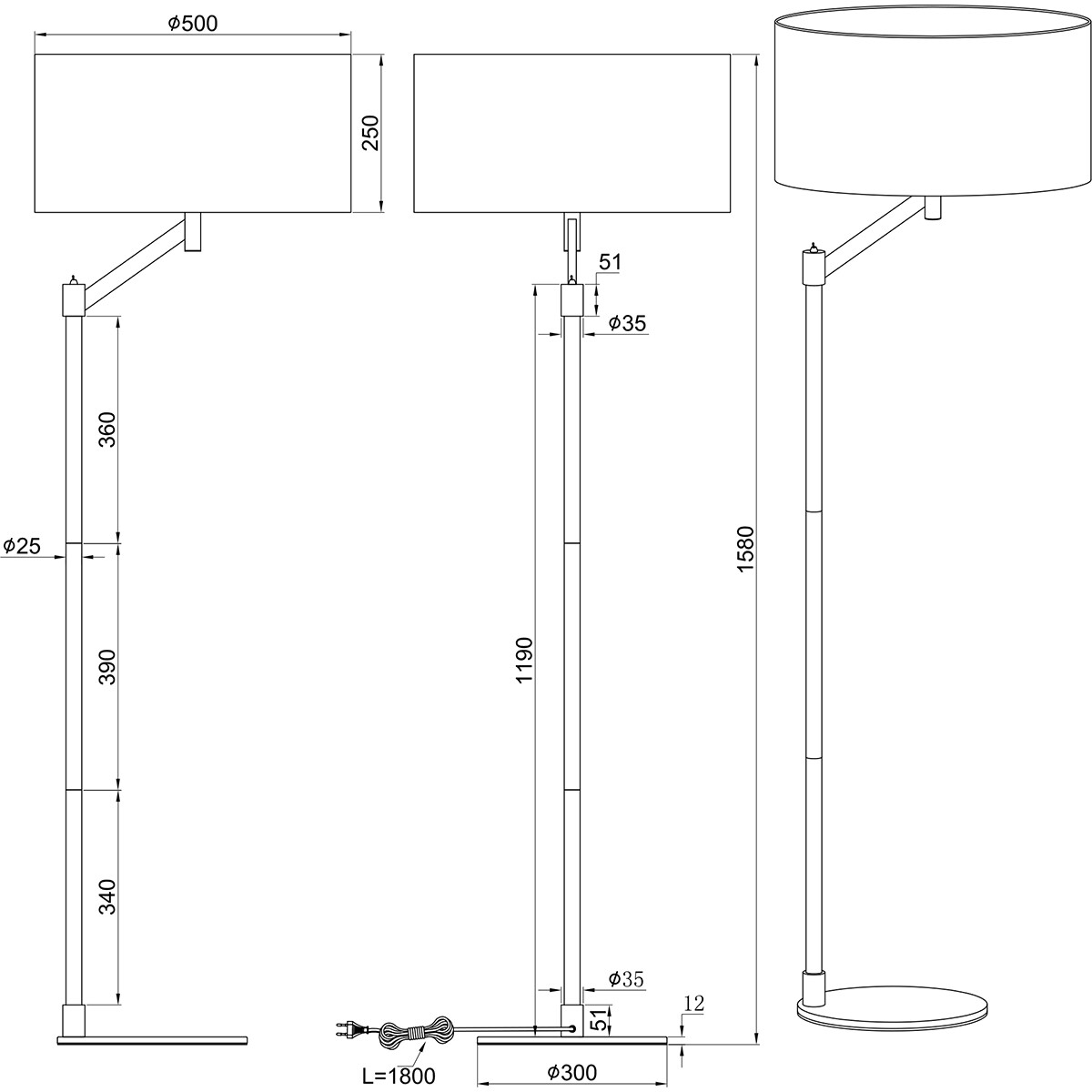 LED Stehlampe - Bodenbeleuchtung - Trion Cindy - E27 Fassung - Rund - Matt Schwarz - Aluminium