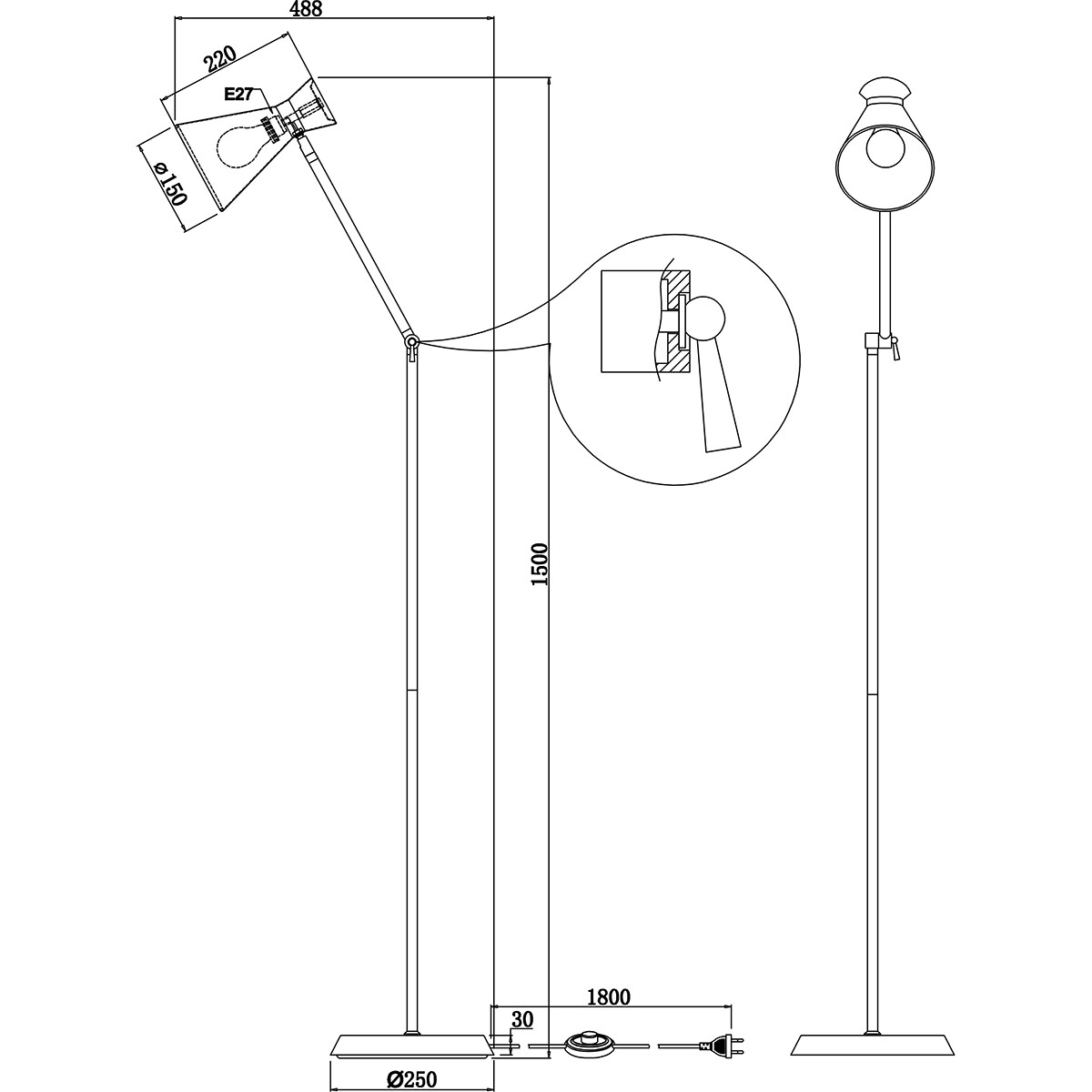 LED Stehlampe - Bodenbeleuchtung - Trion Ewomi - E27 Fassung - Rund - Matt Nickel - Aluminium