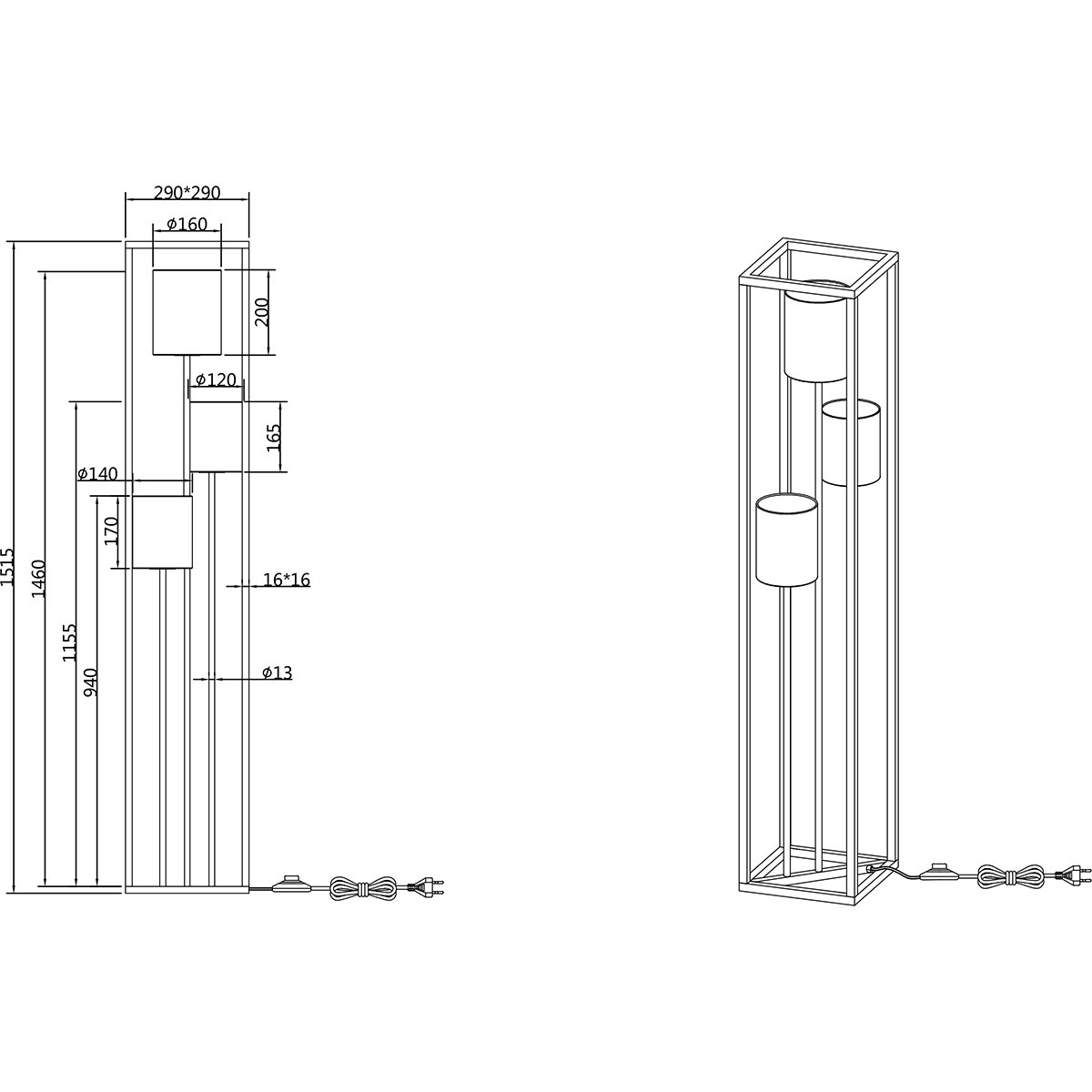 LED-Stehleuchte - Bodenbeleuchtung - Trion Rocky - E27-Fassung - 3-flammig - Quadratisch - Mattschwarz - Metall