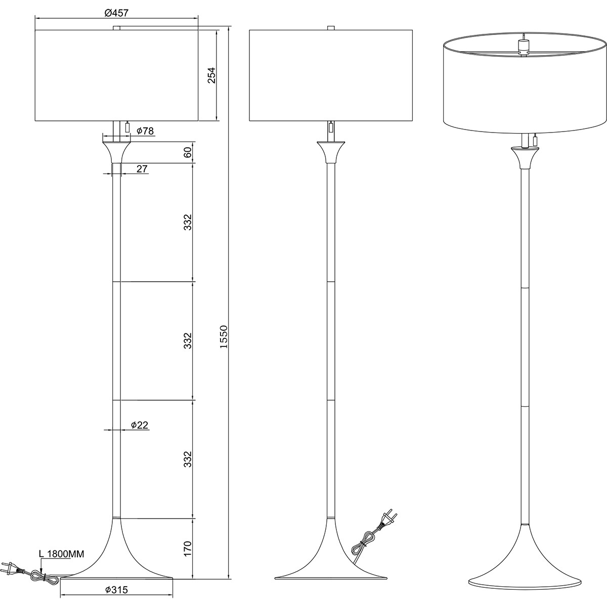 LED Stehlampe - Bodenbeleuchtung - Trion Safari - E27 Fassung - 3-flammig - Rund - Matt Schwarz - Aluminium