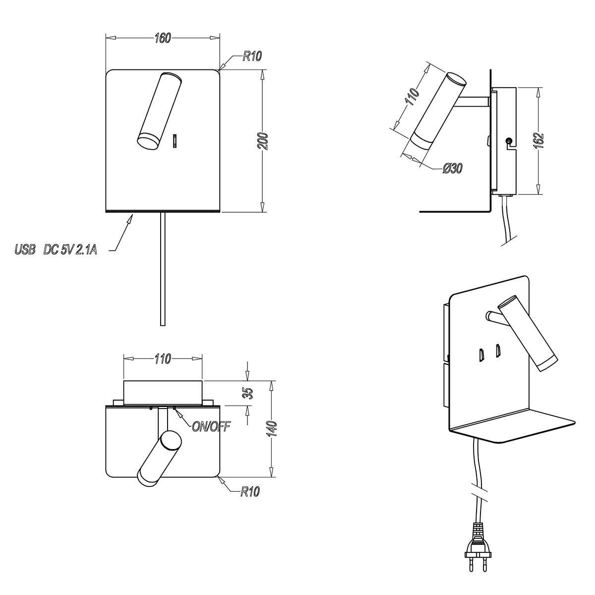 LED Wandlampe - Trion Elonant - 6W - Warmweiß 3000K - USB Ladefunktion - Mattweiß - Aluminium