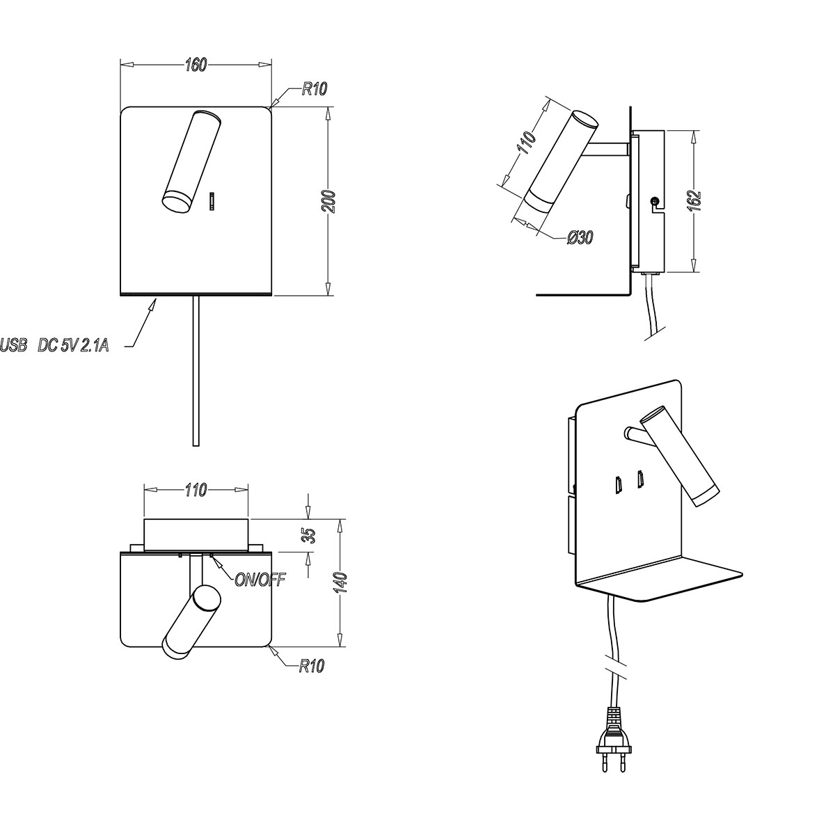 LED Wandlampe - Trion Elonant - 6W - Warmweiß 3000K - USB Ladefunktion - Mattschwarz - Aluminium