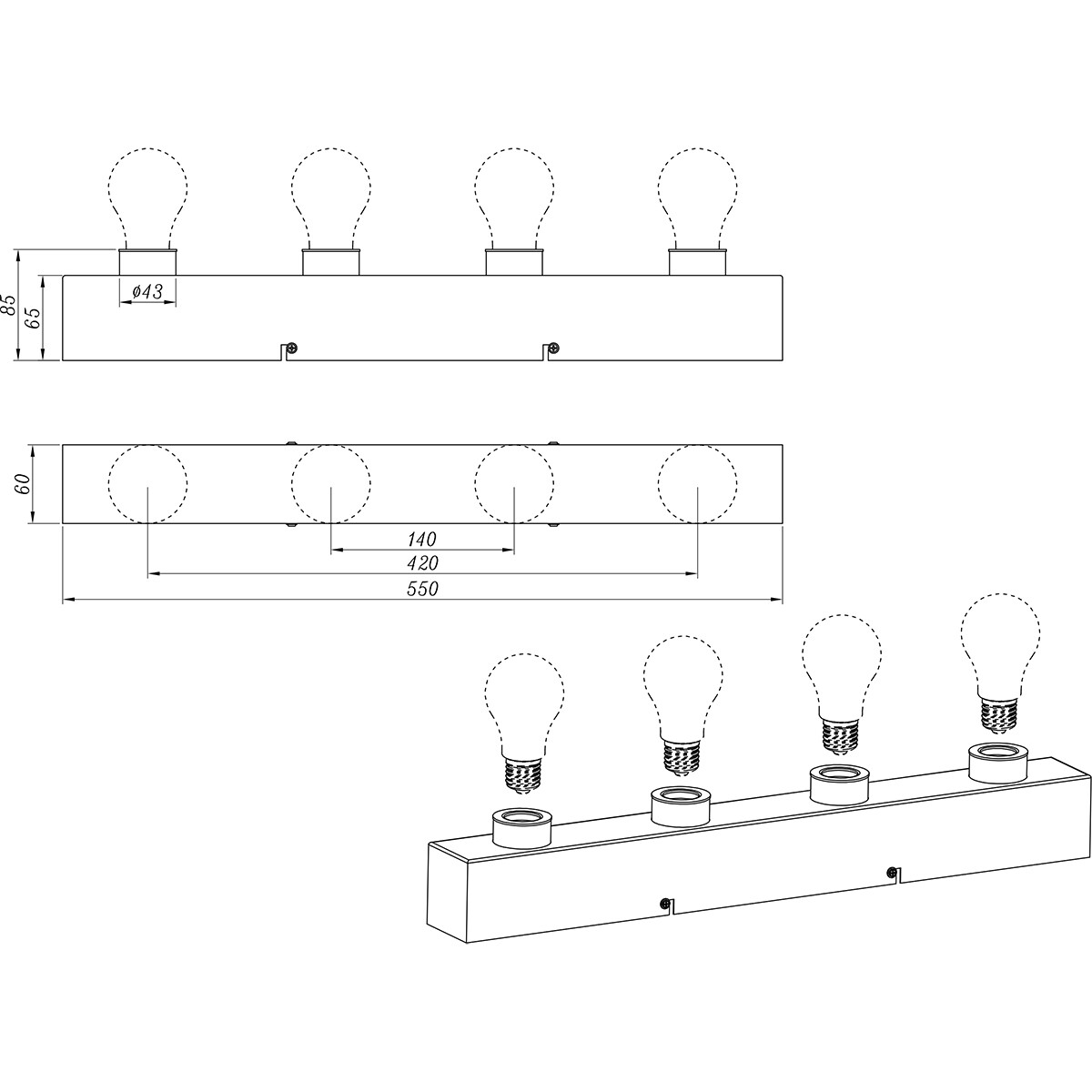 LED Wandleuchte - Trion Teatri - E27 Fassung - Spritzwassergeschützt IP44 - Rechteckig - Matt Chrom - Aluminium