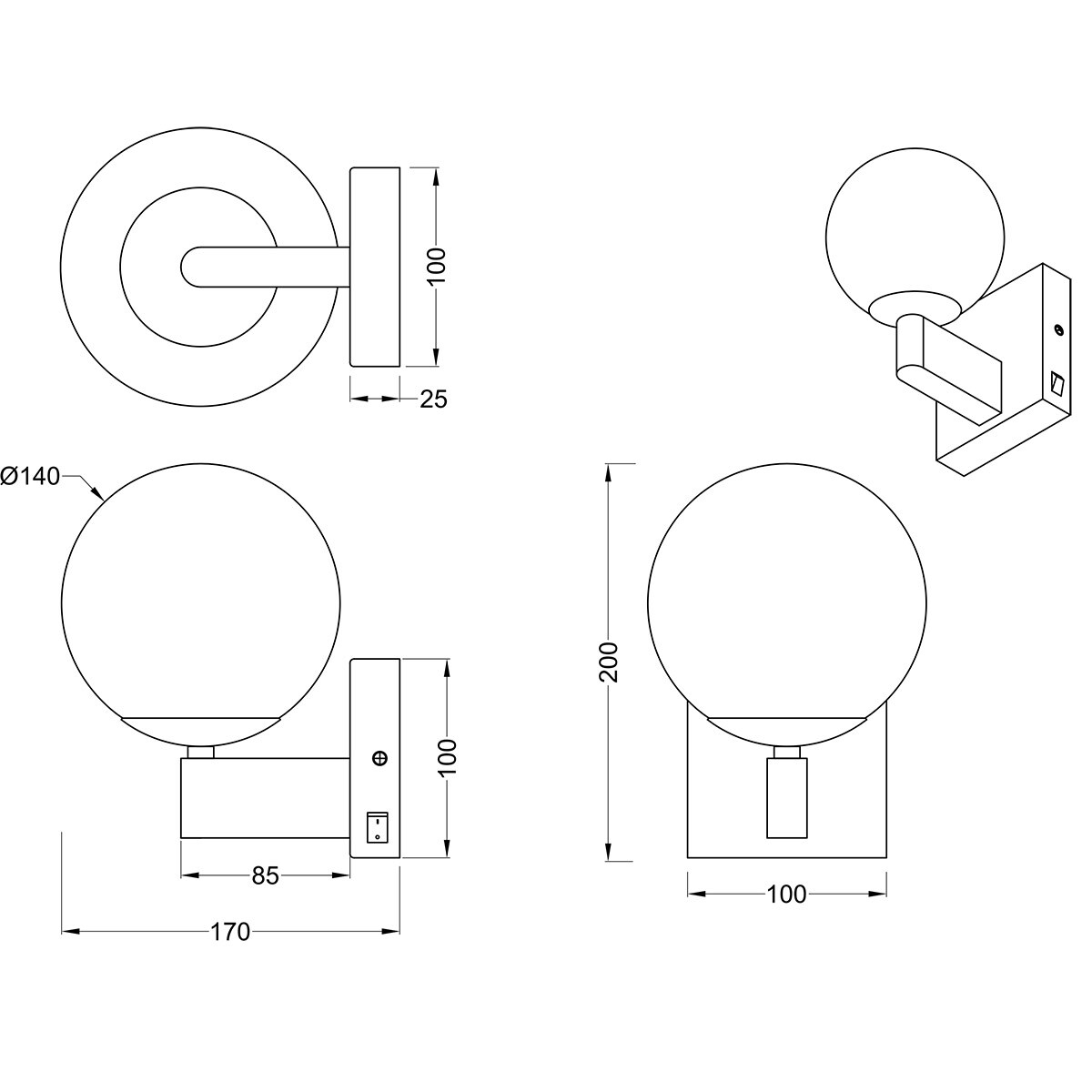 LED-Wandleuchte - Wandbeleuchtung - Trion Aluk - E14-Fassung - Rund - Mattschwarz - Metall