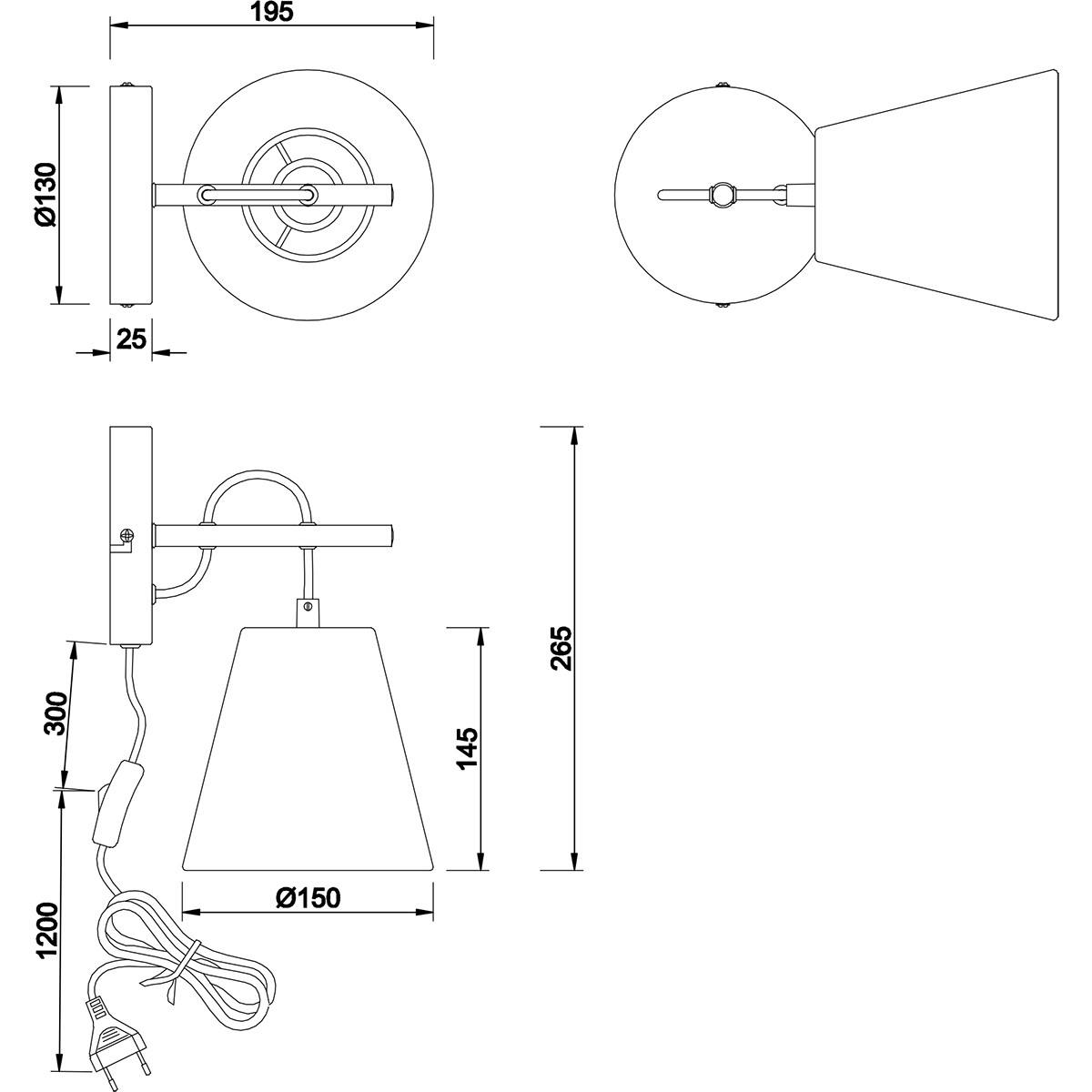 LED Wandlampe - Wandleuchte - Trion Andra - E14 Sockel - Rund - Mattschwarz - Aluminium