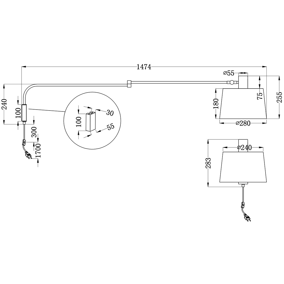 LED Wandlampe - Wandleuchte - Trion Badi - E27 Sockel - Rund - Mattschwarz - Aluminium