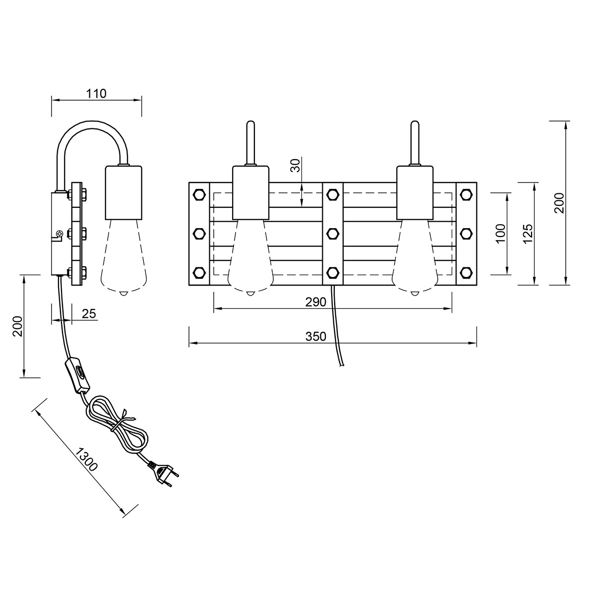 LED Wandlampe - Wandleuchte - Trion Khon - E27 Sockel - 2-flammig - Rechteckig - Mattes Nickel - Aluminium