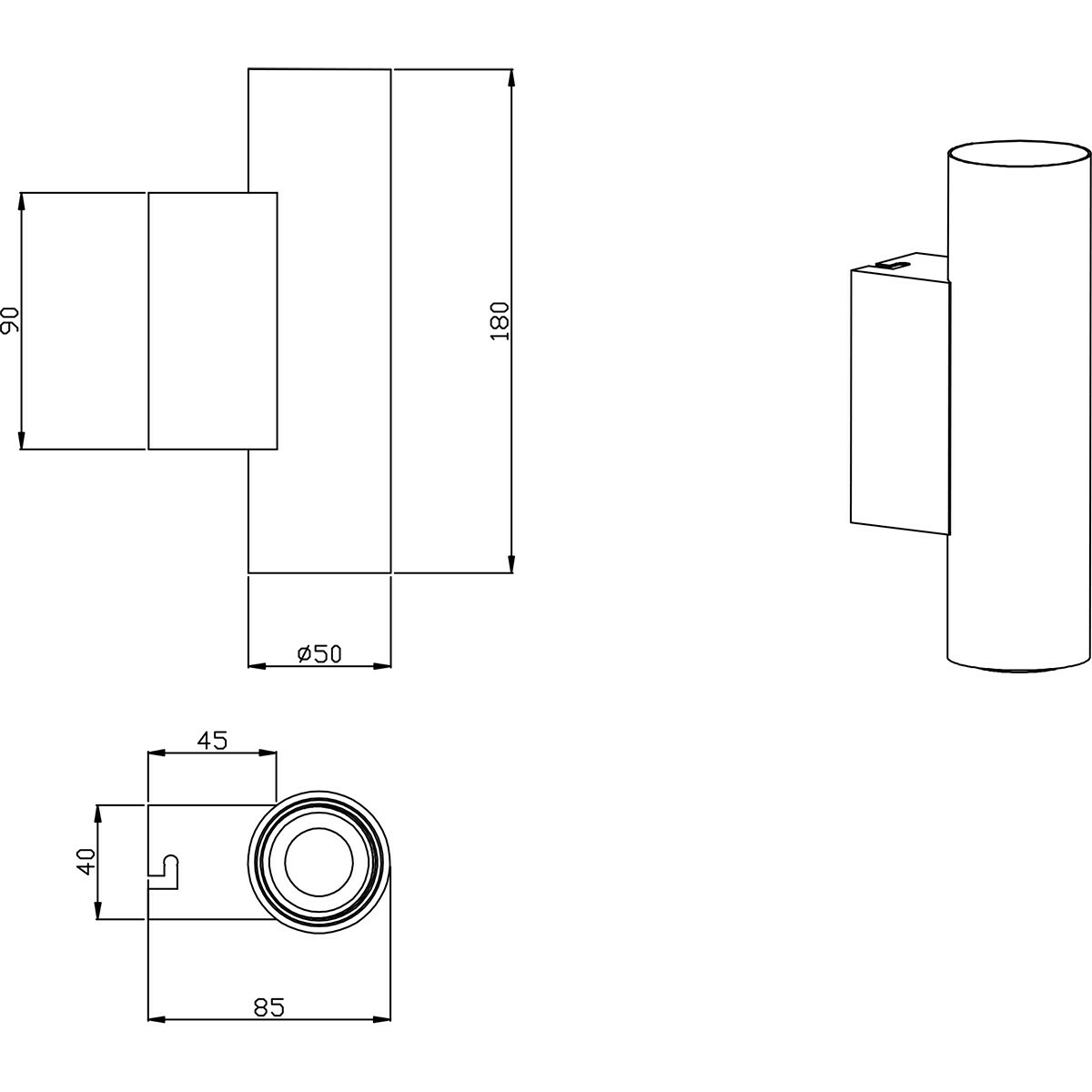 LED Wandleuchte - Wandbeleuchtung - Trion Vundon Up and Down - E27 Fassung - 2-flammig - Rund - Matt Schwarz - Aluminium