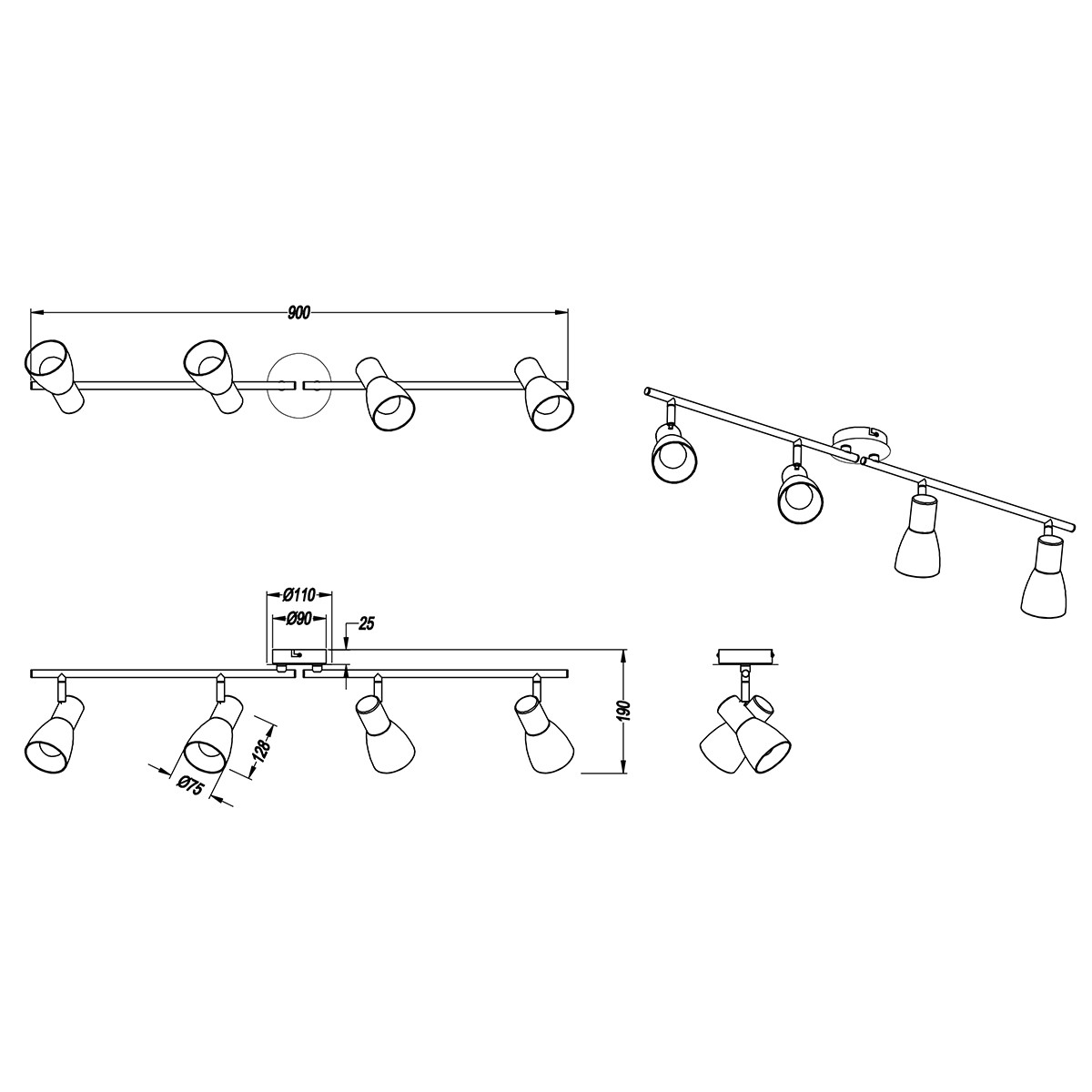 LED Deckenstrahler - Trion Vosta - E14 Sockel - 16W - Warmweiß 3000K - 4-flammig - Reckechtig - Matt Nickel - Aluminium