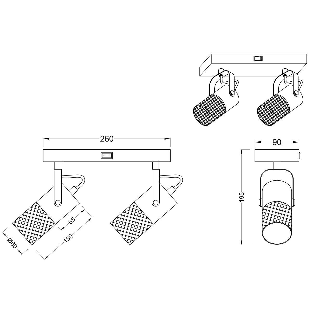 LED Wandfluter - Trion Yosh - E14 Sockel - 2-flammig - Rechteckig - Mattschwarz - Aluminium