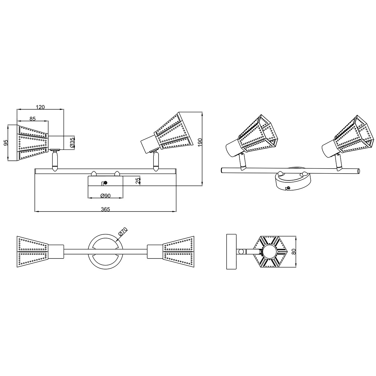 LED Wandfluter - Wandleuchte - Trion Holmino - E14 Sockel - 2-flammig - Rund - Mattschwarz - Aluminium