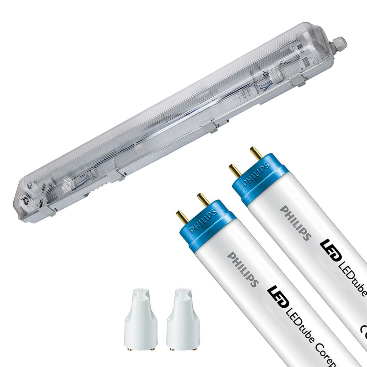 LED Feuchtraumleuchte mit T8 Röhren - Velvalux Strela - 60cm - Doppelt - Verbindbar - Wasserdicht IP65 - Philips - CorePro LEDtube EM 865 - 16W - Klares/Kaltes Weiß 6500K | Ersetzt 36W