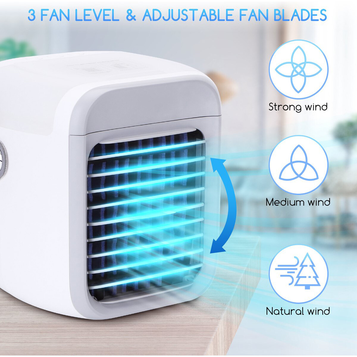 Mini Aircooler mit LED Beleuchtung - Aigi Cuby - Nebelventilator - Mini Tischventilator - Luftkühler - USB Aufladbar - Weiß