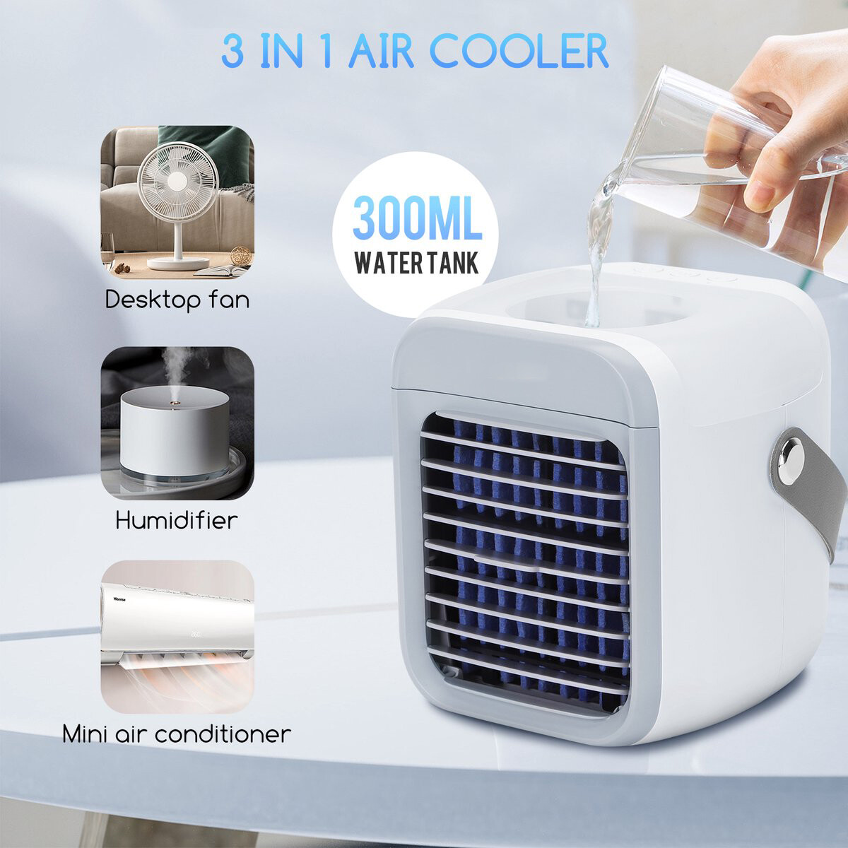 Mini Aircooler mit LED Beleuchtung - Aigi Cuby - Nebelventilator - Mini Tischventilator - Luftkühler - USB Aufladbar - Weiß