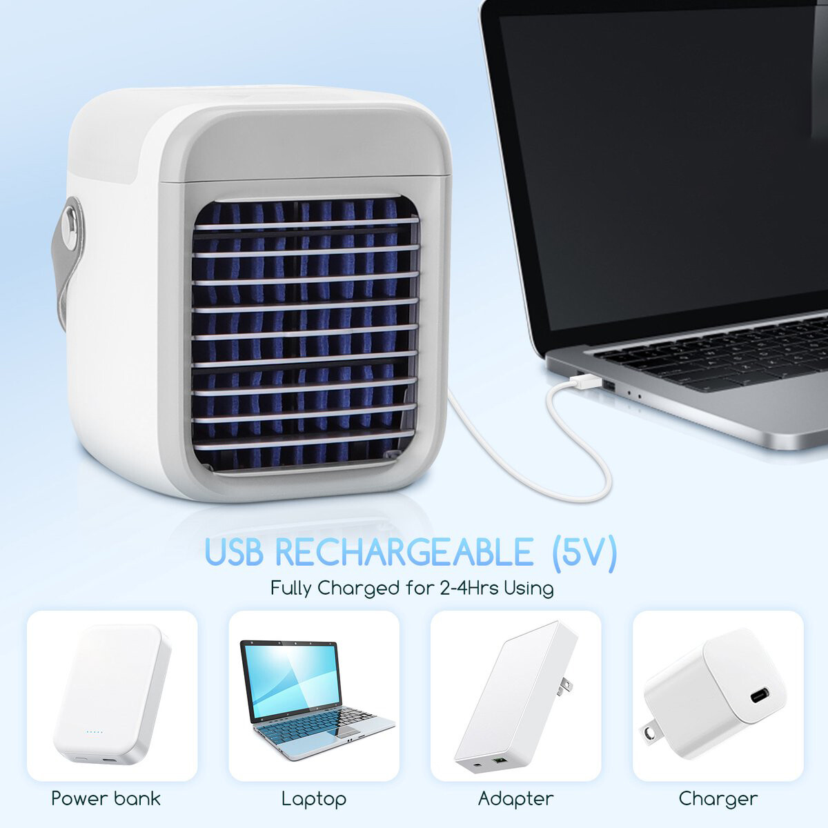 Mini Aircooler mit LED Beleuchtung - Aigi Cuby - Nebelventilator - Mini Tischventilator - Luftkühler - USB Aufladbar - Weiß