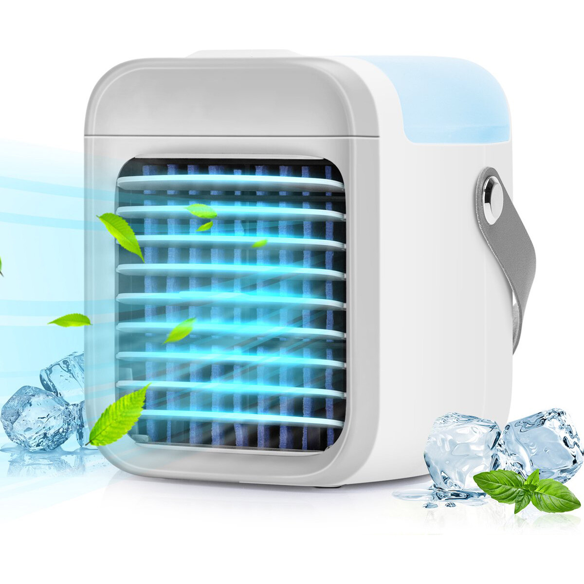 Mini Aircooler mit LED Beleuchtung - Aigi Cuby - Nebelventilator - Mini Tischventilator - Luftkühler - USB Aufladbar - Weiß