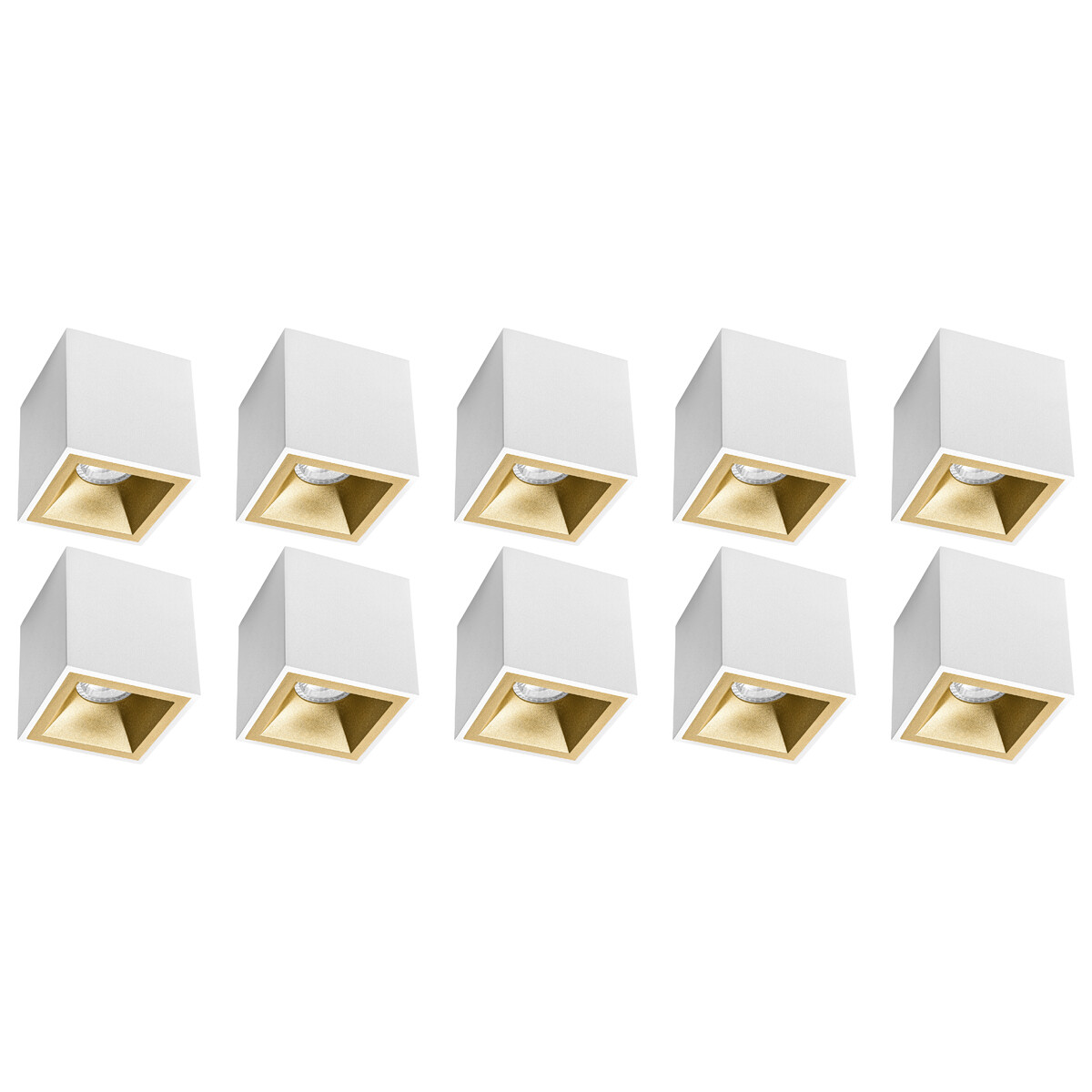 Aufbauspot 10er-Pack - Pragmi Cliron Pro - GU10 Fassung - Aufbau Quadrat - Matt Weiß/Gold - Aluminium - Vertieft - Ø90mm